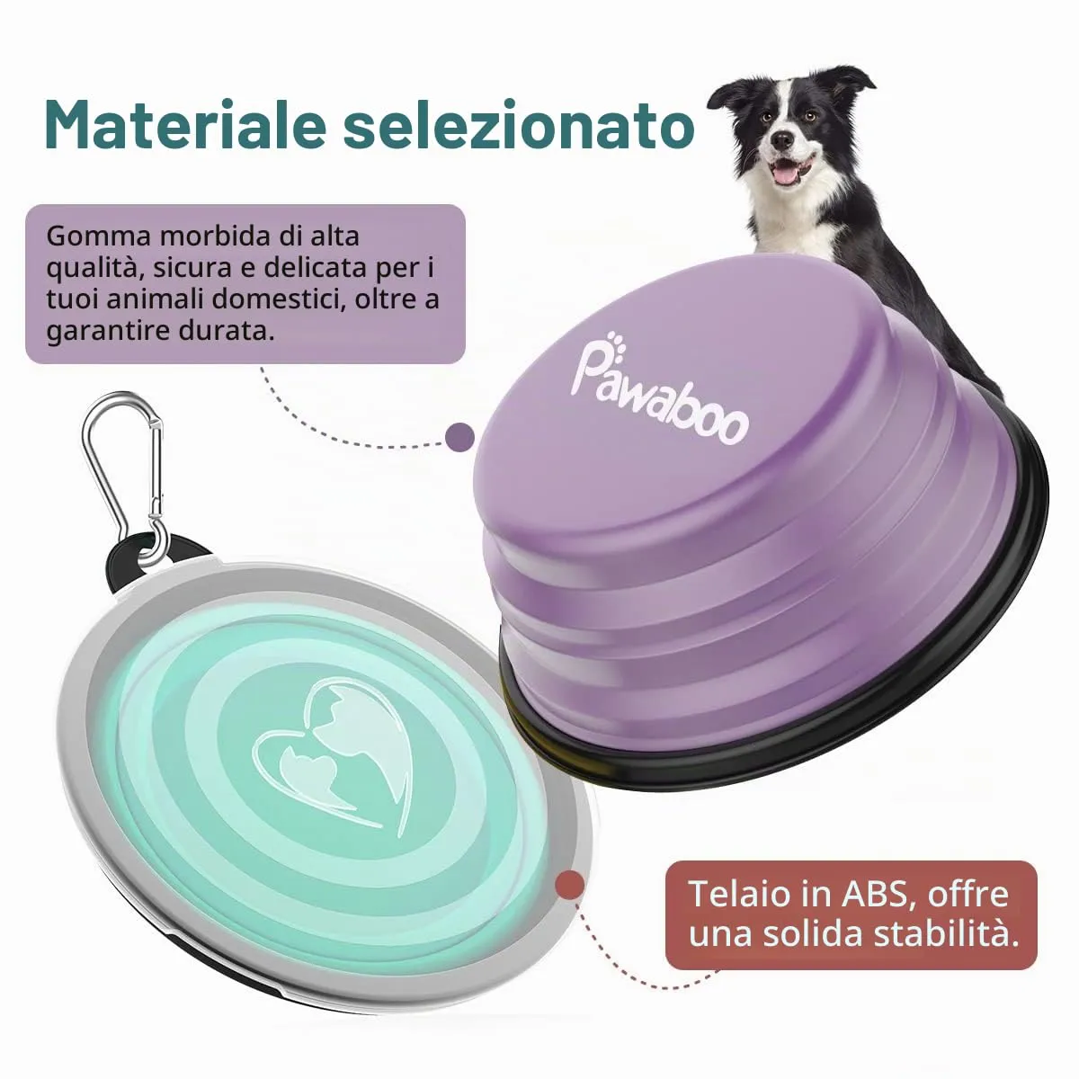 Pawaboo Ciotola pieghevole per cani, 2 ciotole da viaggio da 1000 ml, in silicone, a prova di perdite, con coperchio e moschettone, per cani, gatti, passeggiate in viaggio, turchese + viola - immagine 6