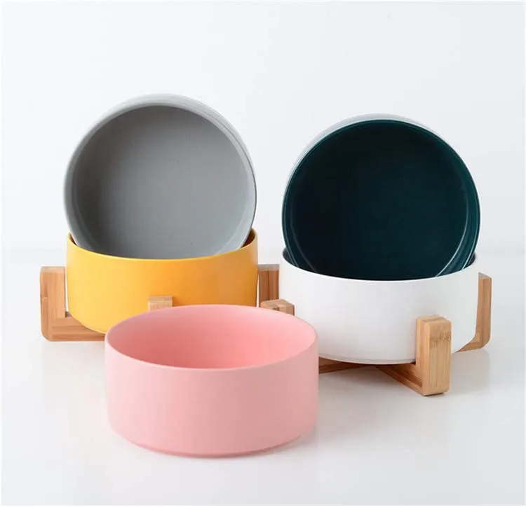 Ciotola in ceramica con supporto in bambù per cani e gatti, ciotola rialzata per una posizione comoda mentre si mangia e si beve, opzioni, capacità 850 ml (giada) - immagine 7