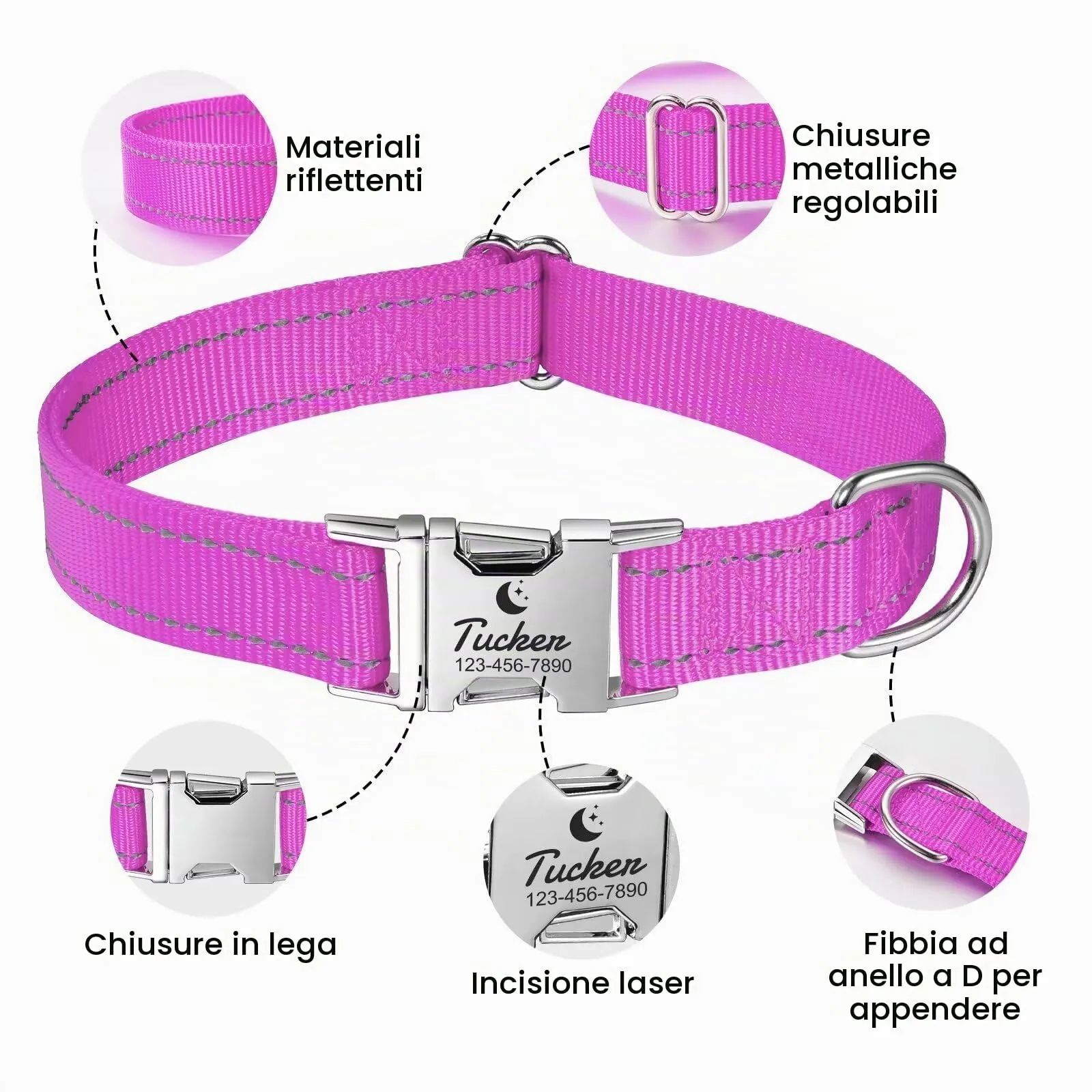 Collare Cane Personalizzato - Collare Gatto Riflettente Con Nome E Numero di Telefono inciso, Collari per Animali in Nylon Con Sgancio Rapido E Fibbia in Metallo - immagine 4