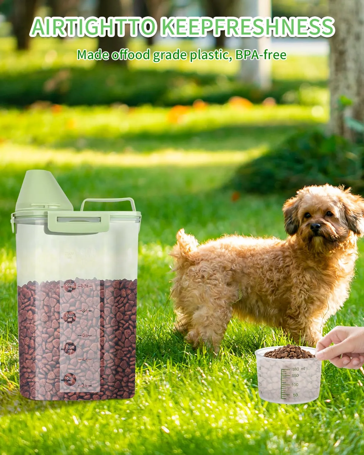 jutyum 2Pcs Contenitore Crocchette Cane 3L, Contenitori per Alimenti, Barattoli Cucina, Dispenser Detersivo Lavatrice, Organizer Cucina, Trasparente Contenitore Crocchette Gatto con Misurino - immagine 5