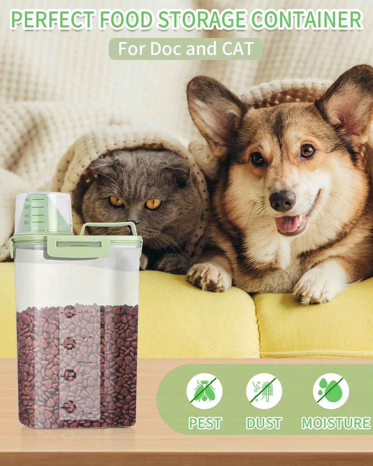 jutyum 2Pcs Contenitore Crocchette Cane 3L, Contenitori per Alimenti, Barattoli Cucina, Dispenser Detersivo Lavatrice, Organizer Cucina, Trasparente Contenitore Crocchette Gatto con Misurino - immagine 6