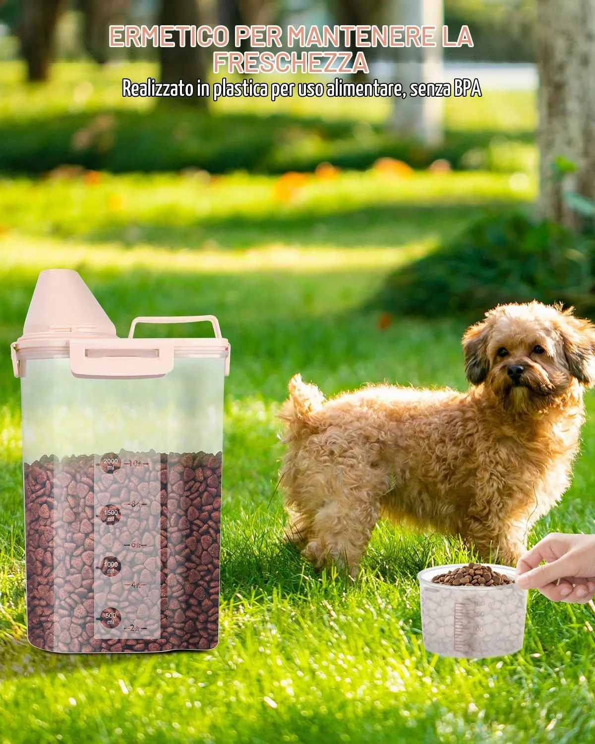 jutyum 2Pcs Contenitore Crocchette Cane 3L, Contenitori per Alimenti, Barattoli Cucina, Dispenser Detersivo Lavatrice, Organizer Cucina, Trasparente Contenitore Crocchette Gatto con Misurino - immagine 5