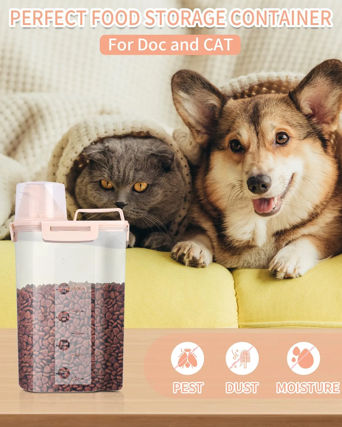 jutyum 2Pcs Contenitore Crocchette Cane 3L, Contenitori per Alimenti, Barattoli Cucina, Dispenser Detersivo Lavatrice, Organizer Cucina, Trasparente Contenitore Crocchette Gatto con Misurino - immagine 6