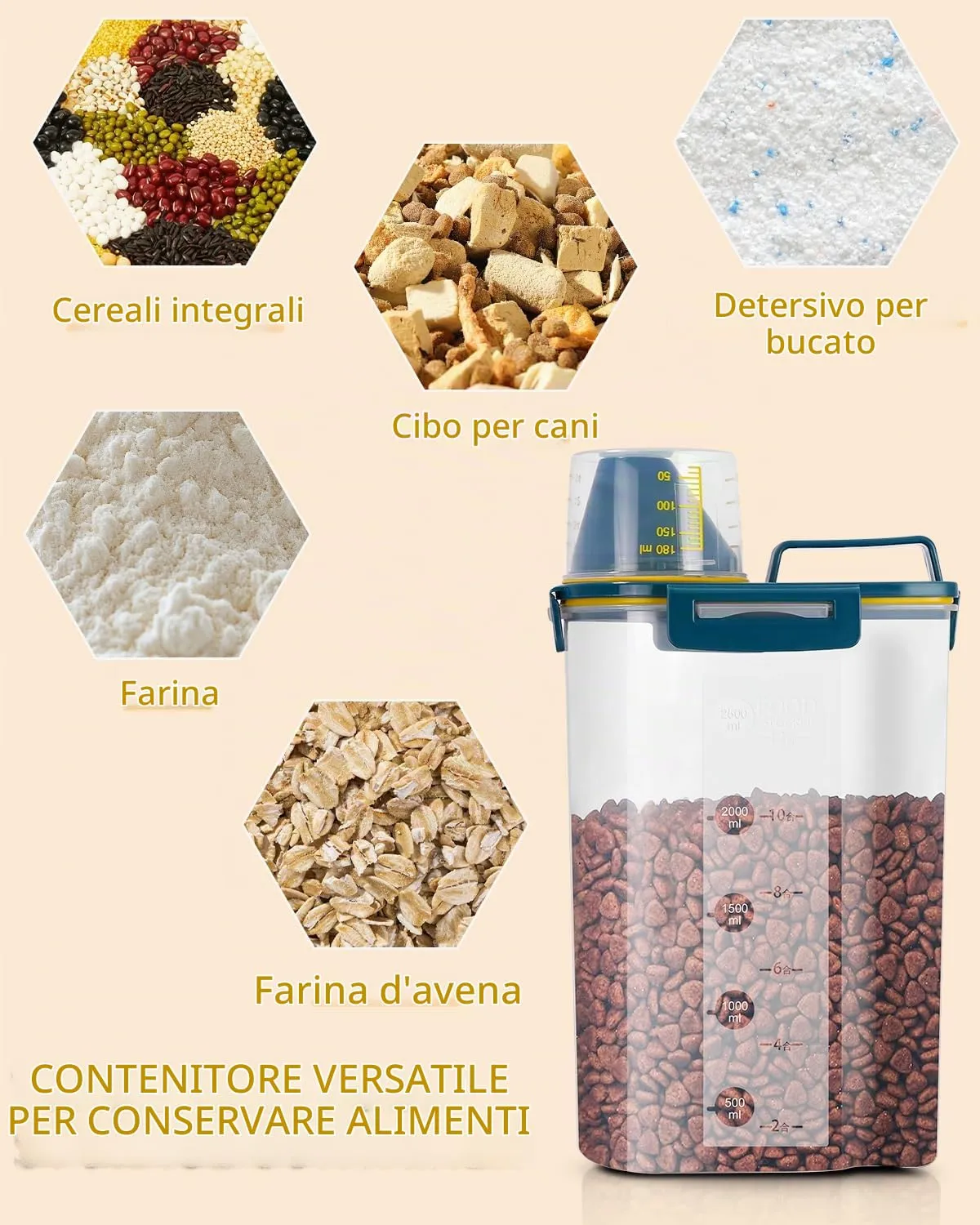 jutyum 2Pcs Contenitore Crocchette Cane 3L, Contenitori per Alimenti, Barattoli Cucina, Dispenser Detersivo Lavatrice, Organizer Cucina, Trasparente Contenitore Crocchette Gatto con Misurino - immagine 4