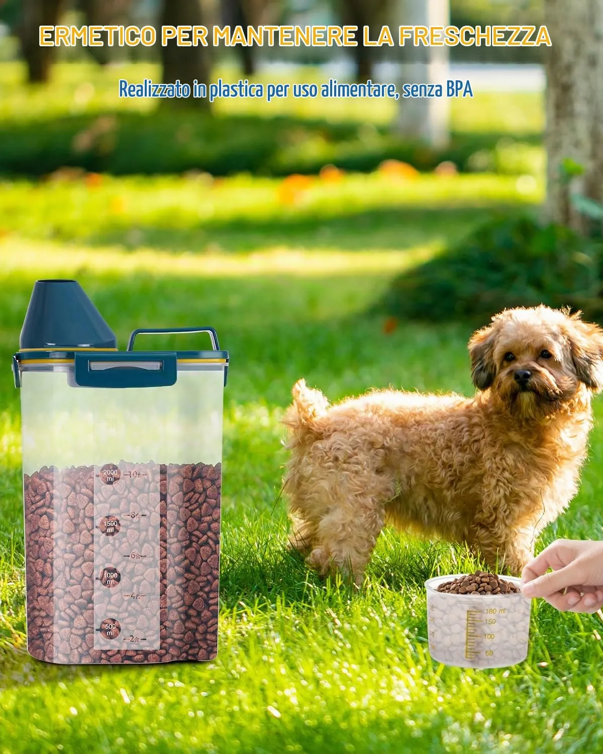 jutyum 2Pcs Contenitore Crocchette Cane 3L, Contenitori per Alimenti, Barattoli Cucina, Dispenser Detersivo Lavatrice, Organizer Cucina, Trasparente Contenitore Crocchette Gatto con Misurino - immagine 5