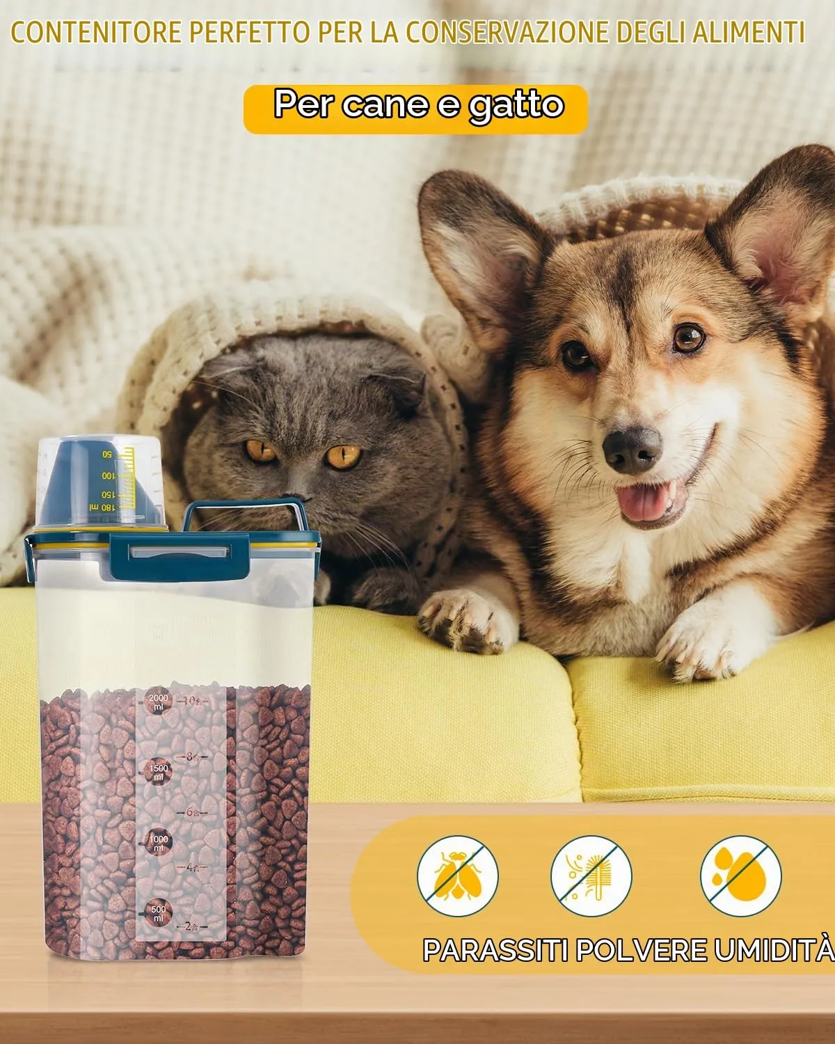 jutyum 2Pcs Contenitore Crocchette Cane 3L, Contenitori per Alimenti, Barattoli Cucina, Dispenser Detersivo Lavatrice, Organizer Cucina, Trasparente Contenitore Crocchette Gatto con Misurino - immagine 6