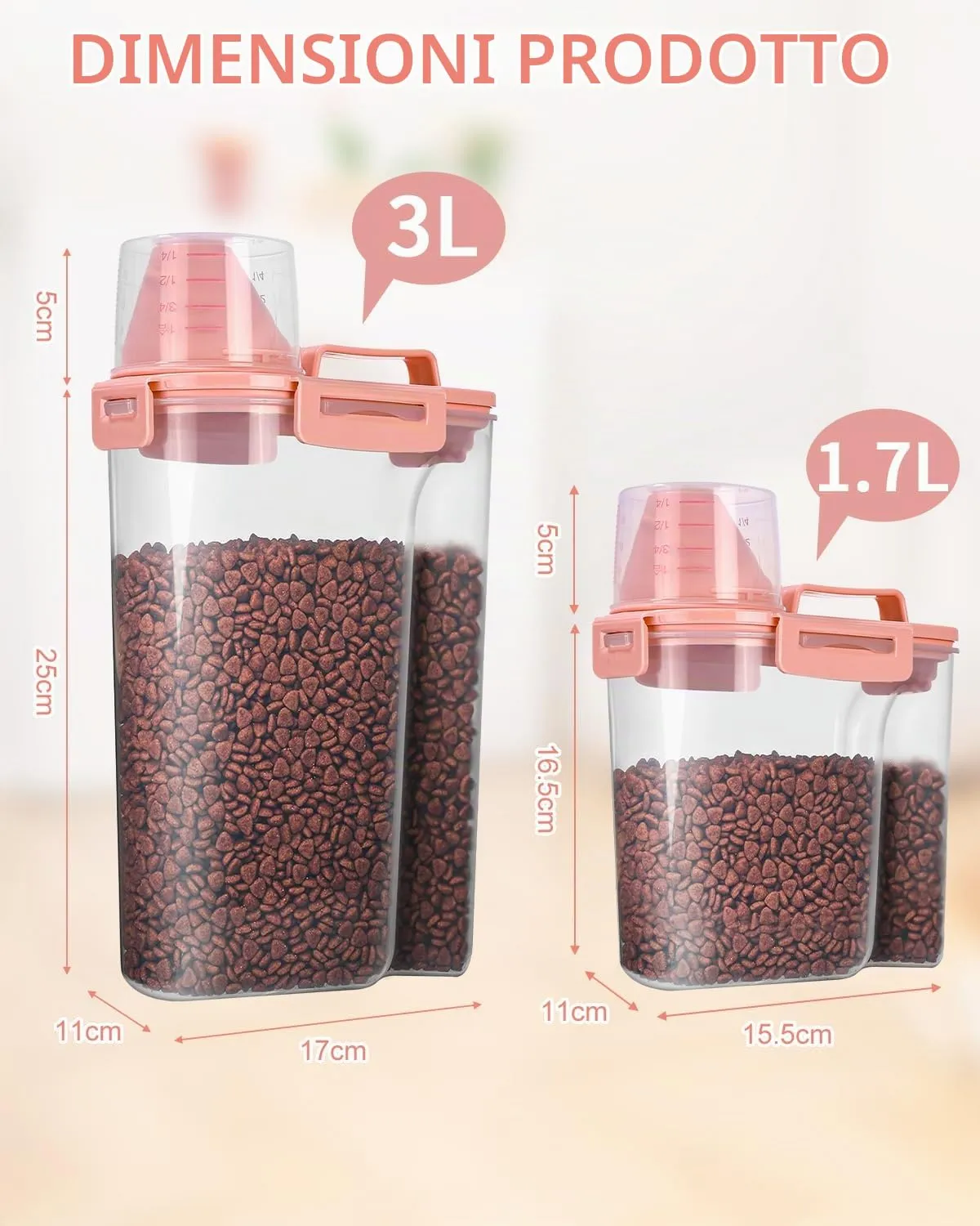 jutyum 2Pcs Contenitore Crocchette Cane 3+1.7L, Contenitori per Alimenti, Barattoli Cucina, Dispenser Detersivo Lavatrice, Organizer Cucina, Trasparente Contenitore Crocchette Gatto con Misurino - immagine 3