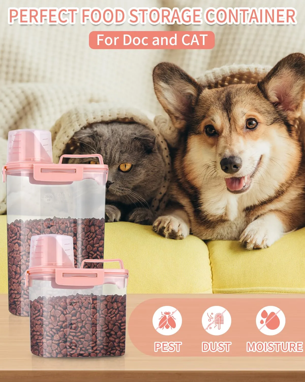 jutyum 2Pcs Contenitore Crocchette Cane 3+1.7L, Contenitori per Alimenti, Barattoli Cucina, Dispenser Detersivo Lavatrice, Organizer Cucina, Trasparente Contenitore Crocchette Gatto con Misurino - immagine 6