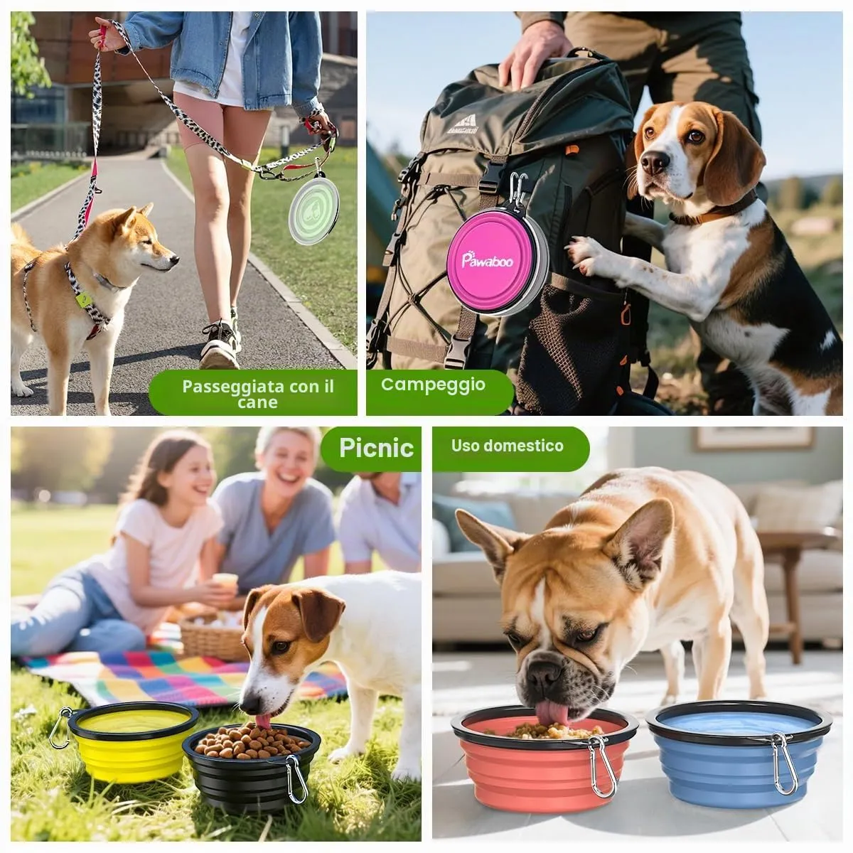 Pawaboo Set da 2 ciotole da viaggio pieghevoli per cani con coperchio - immagine 8