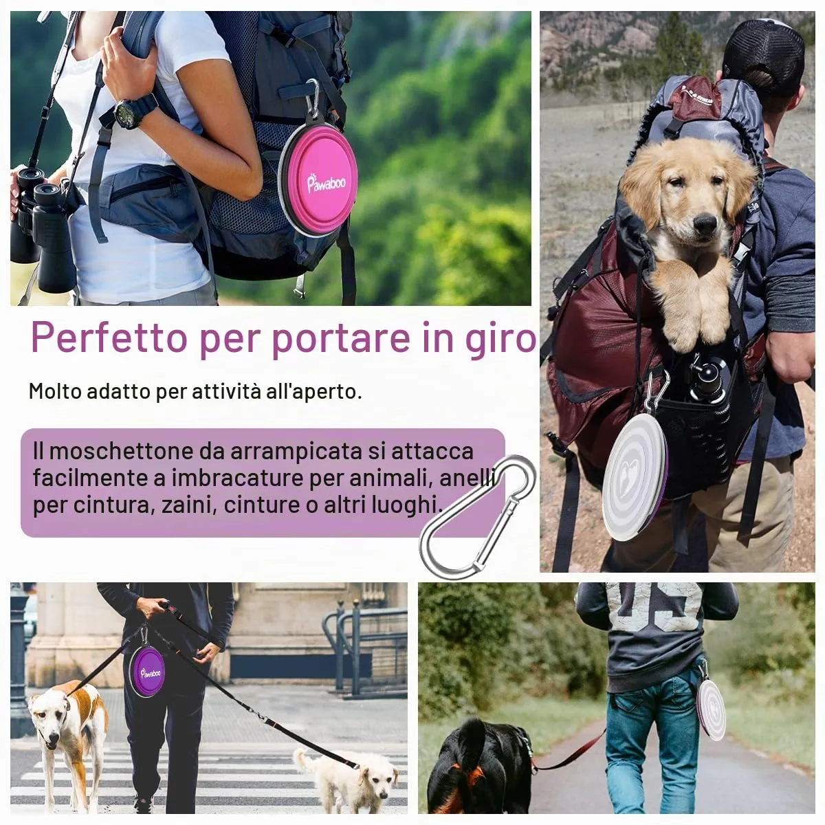 Pawaboo Set da 2 ciotole da viaggio pieghevoli per cani con coperchio - immagine 3
