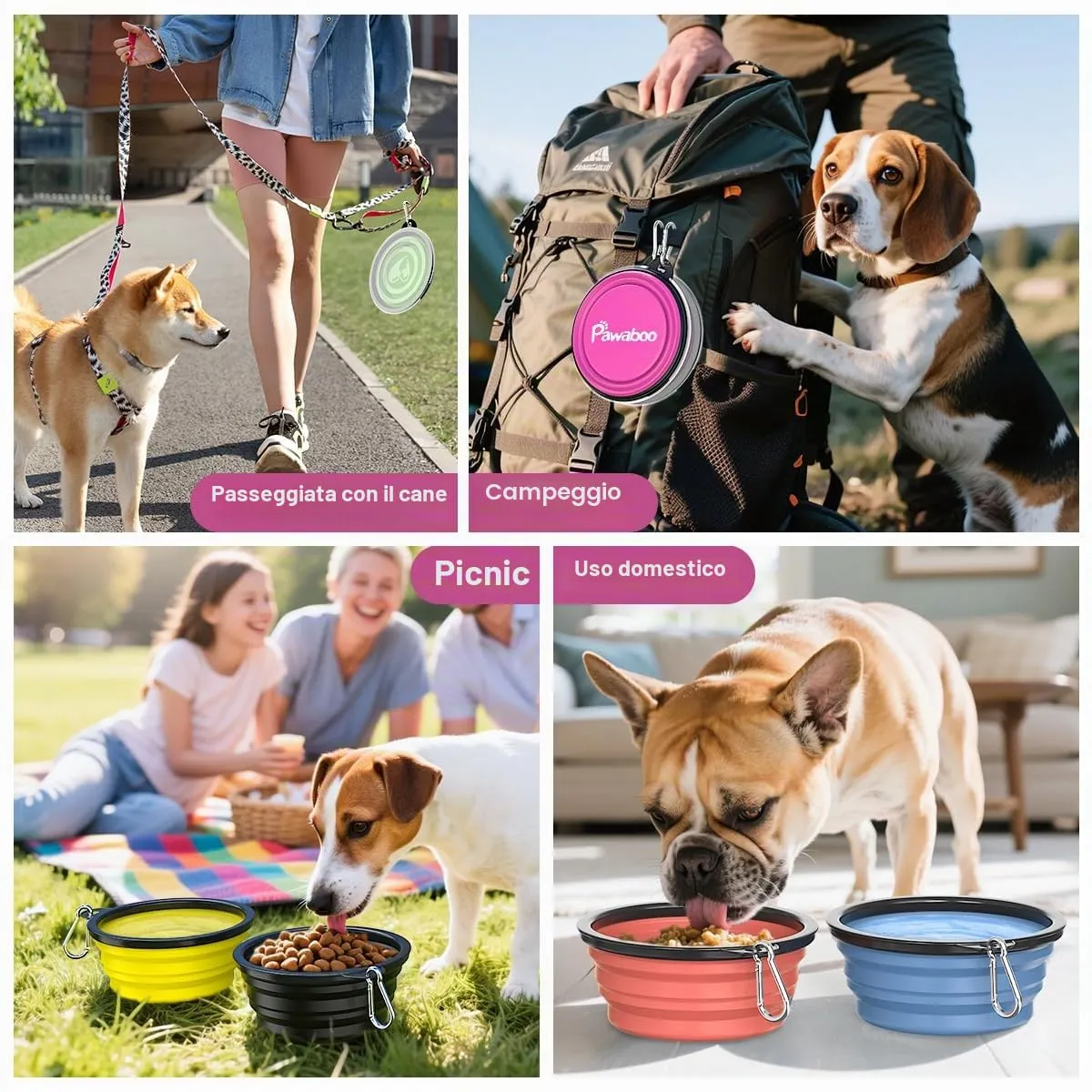 Pawaboo Set da 2 ciotole da viaggio pieghevoli per cani con coperchio - immagine 8