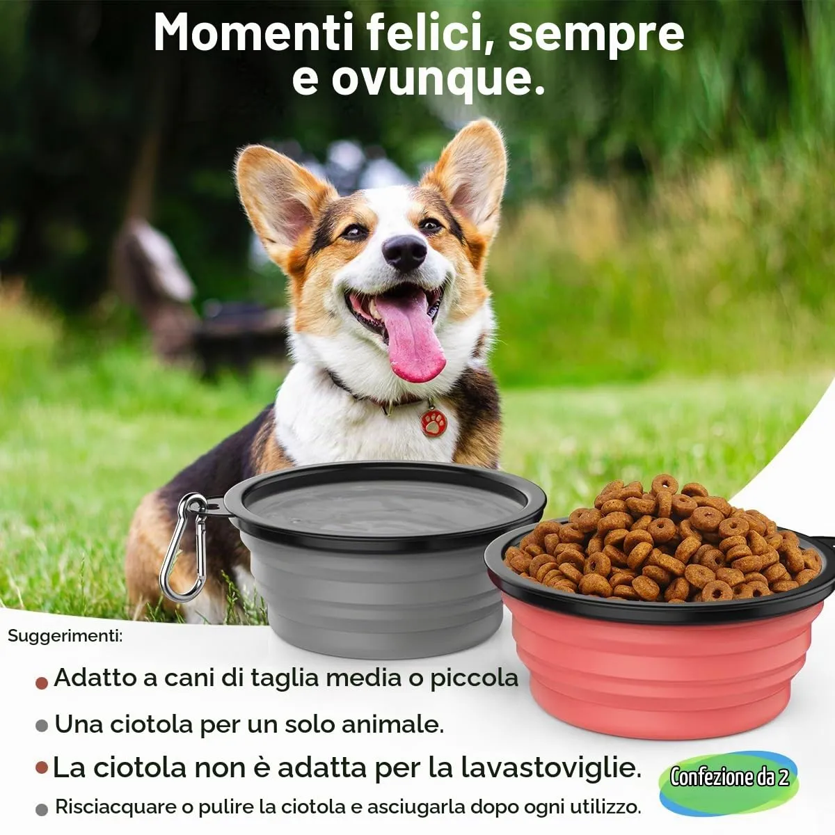 Pawaboo Set da 2 ciotole da viaggio pieghevoli per cani con coperchio - immagine 5