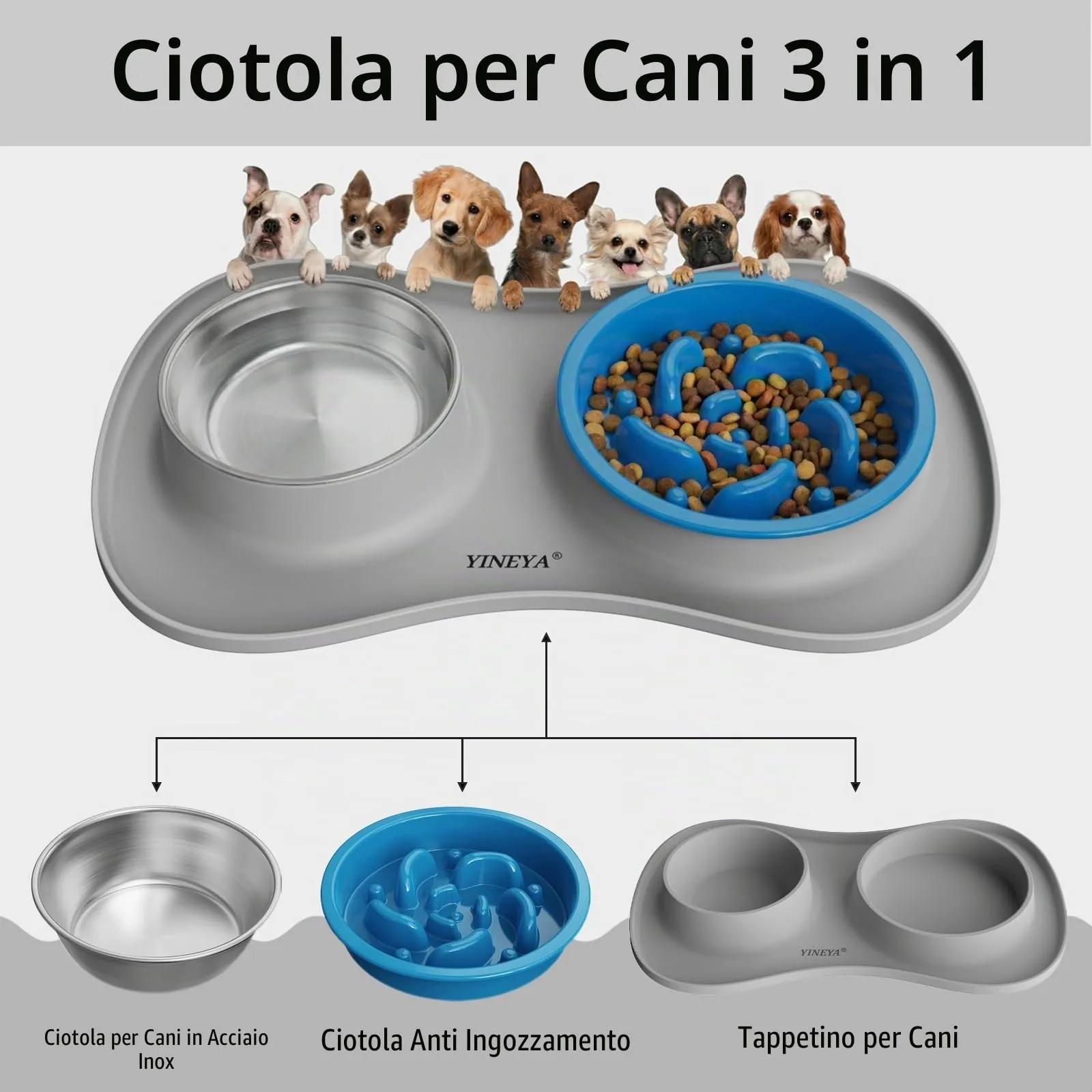 YINEYA ciotole per cani set 3 in 1, ciotola anti ingozzamento cane, ciotole per gatti, include un pieghevole tappetino ciotola cane, adatto per cibo secco e umido e per tutte le razze di cani/gatti - immagine 2