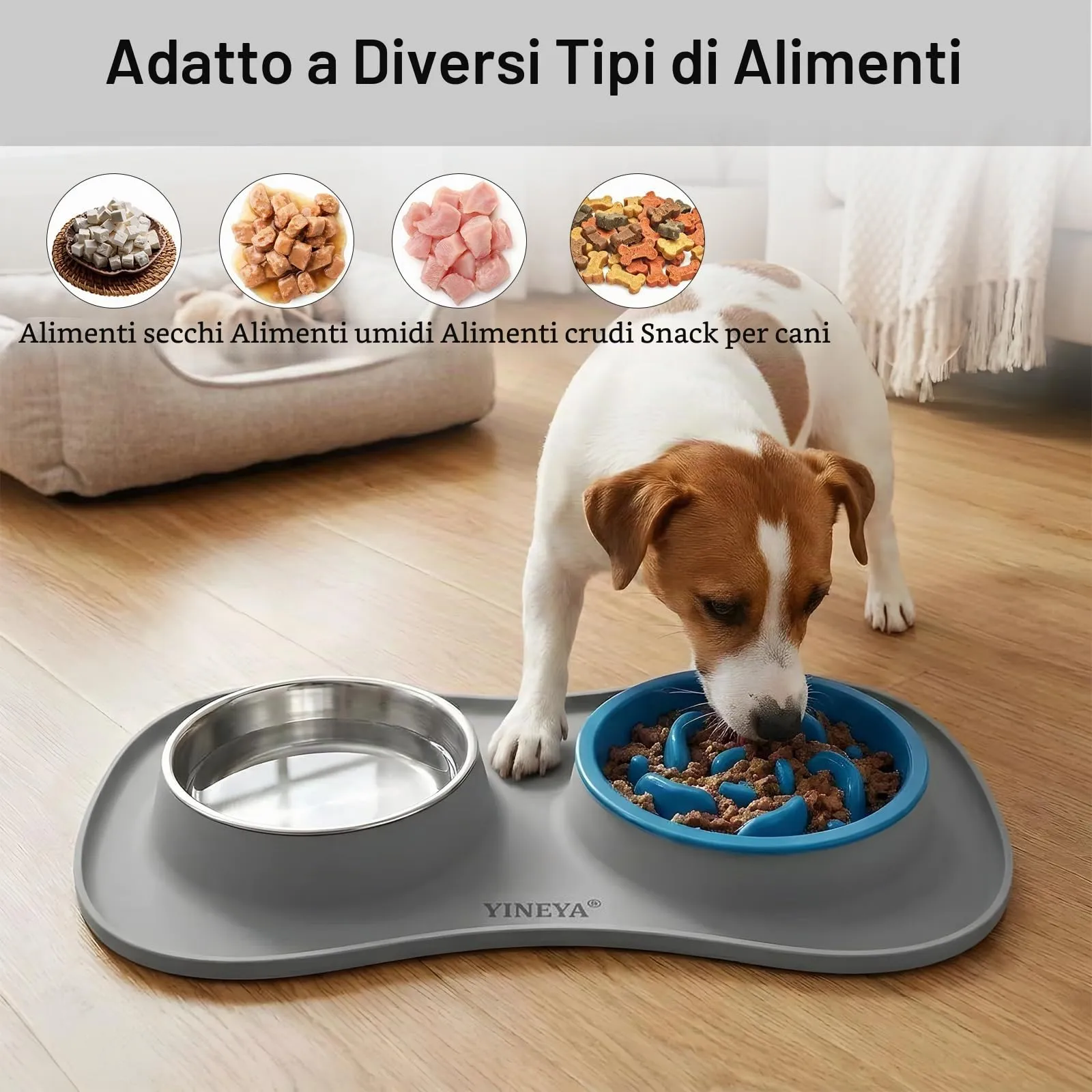 YINEYA ciotole per cani set 3 in 1, ciotola anti ingozzamento cane, ciotole per gatti, include un pieghevole tappetino ciotola cane, adatto per cibo secco e umido e per tutte le razze di cani/gatti - immagine 7