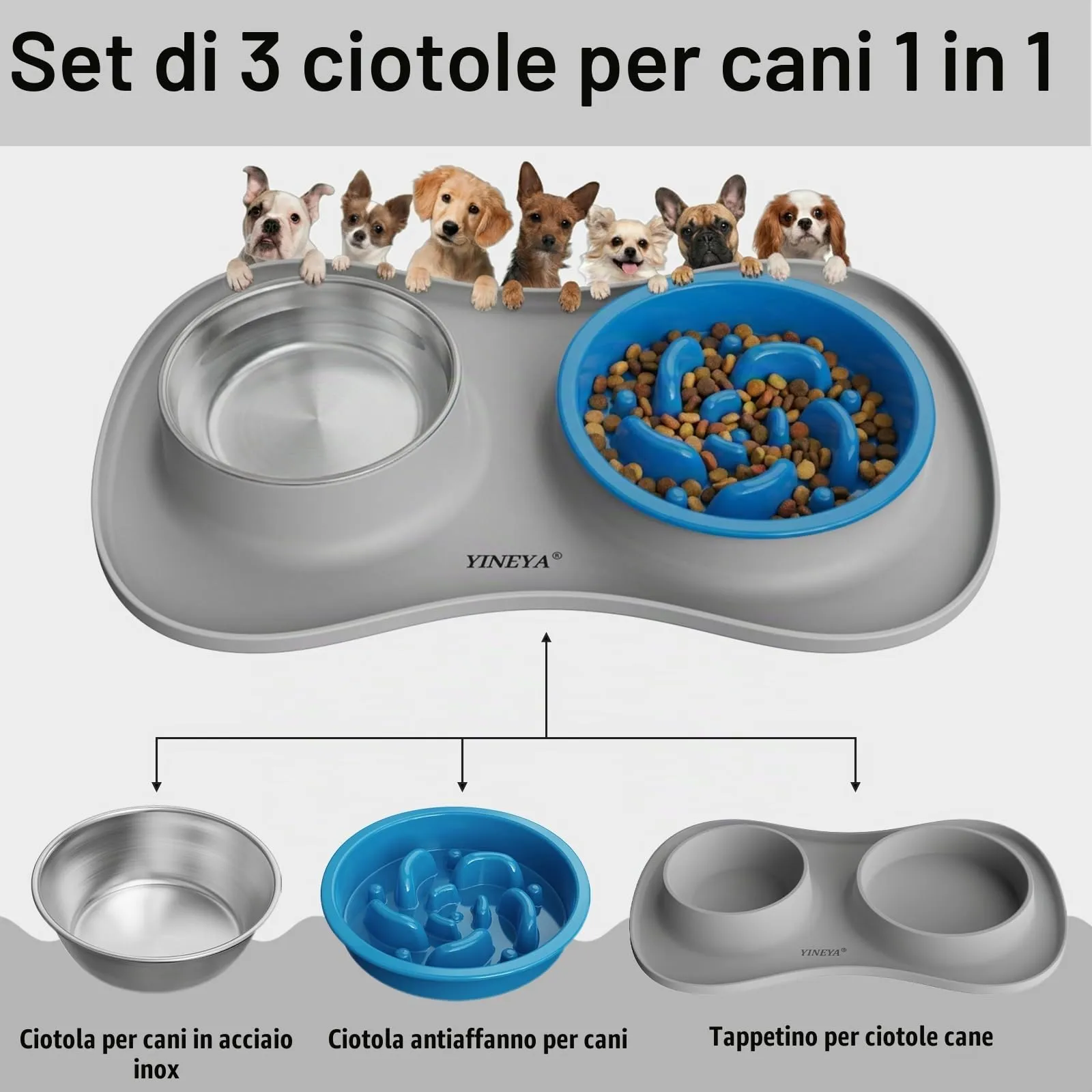 YINEYA ciotole per cani set 3 in 1, ciotola anti ingozzamento cane, ciotole per gatti, include un pieghevole tappetino ciotola cane, adatto per cibo secco e umido e per tutte le razze di cani/gatti - immagine 2