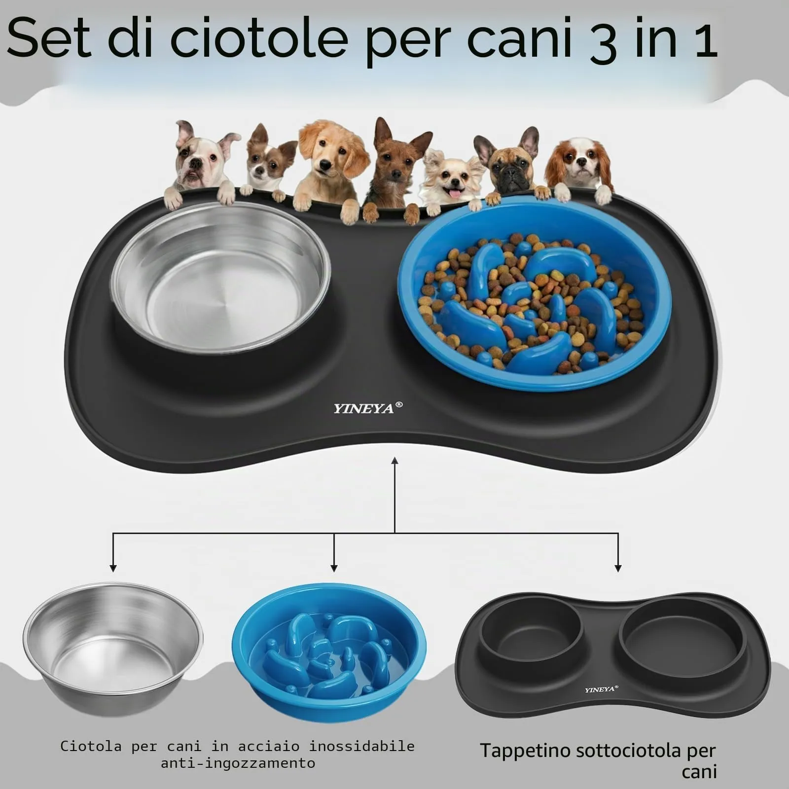 YINEYA ciotole per cani set 3 in 1, ciotola anti ingozzamento cane, ciotole per gatti, include un pieghevole tappetino ciotola cane, adatto per cibo secco e umido e per tutte le razze di cani/gatti - immagine 2