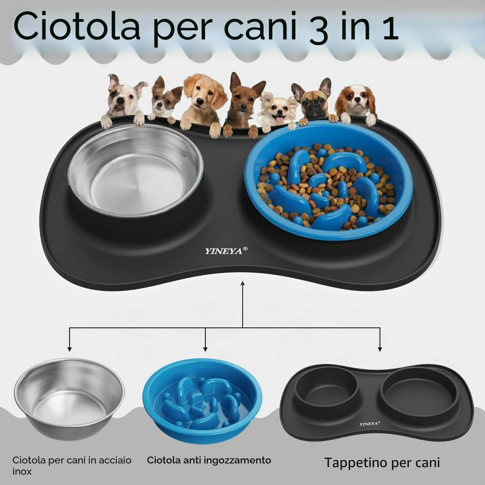 YINEYA ciotole per cani set 3 in 1, ciotola anti ingozzamento cane, ciotole per gatti, include un pieghevole tappetino ciotola cane, adatto per cibo secco e umido e per tutte le razze di cani/gatti - immagine 2