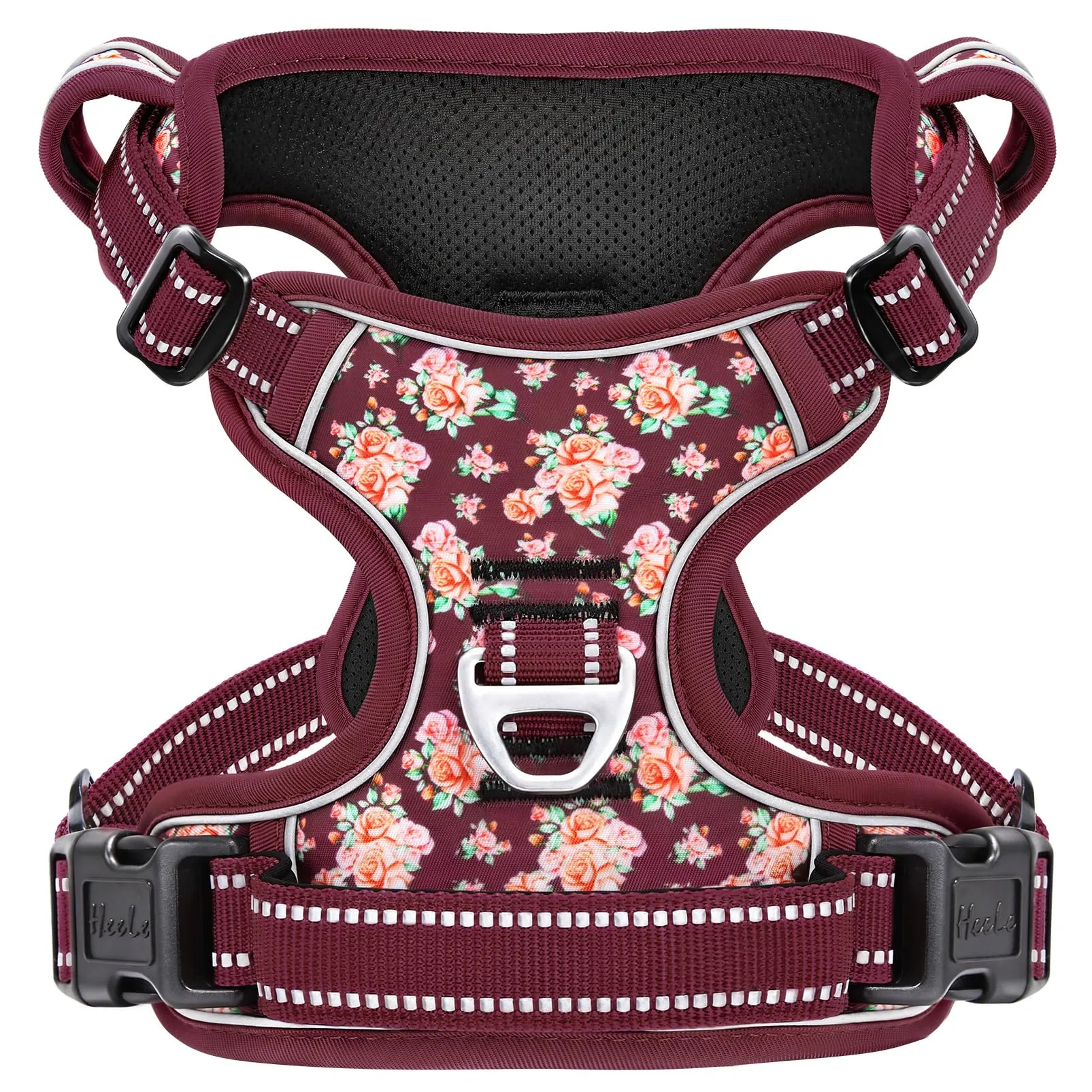 HEELE Pettorina Cane Regolabile No-pull con Manico, Fiori-Rosso Borgogna, S - immagine 1