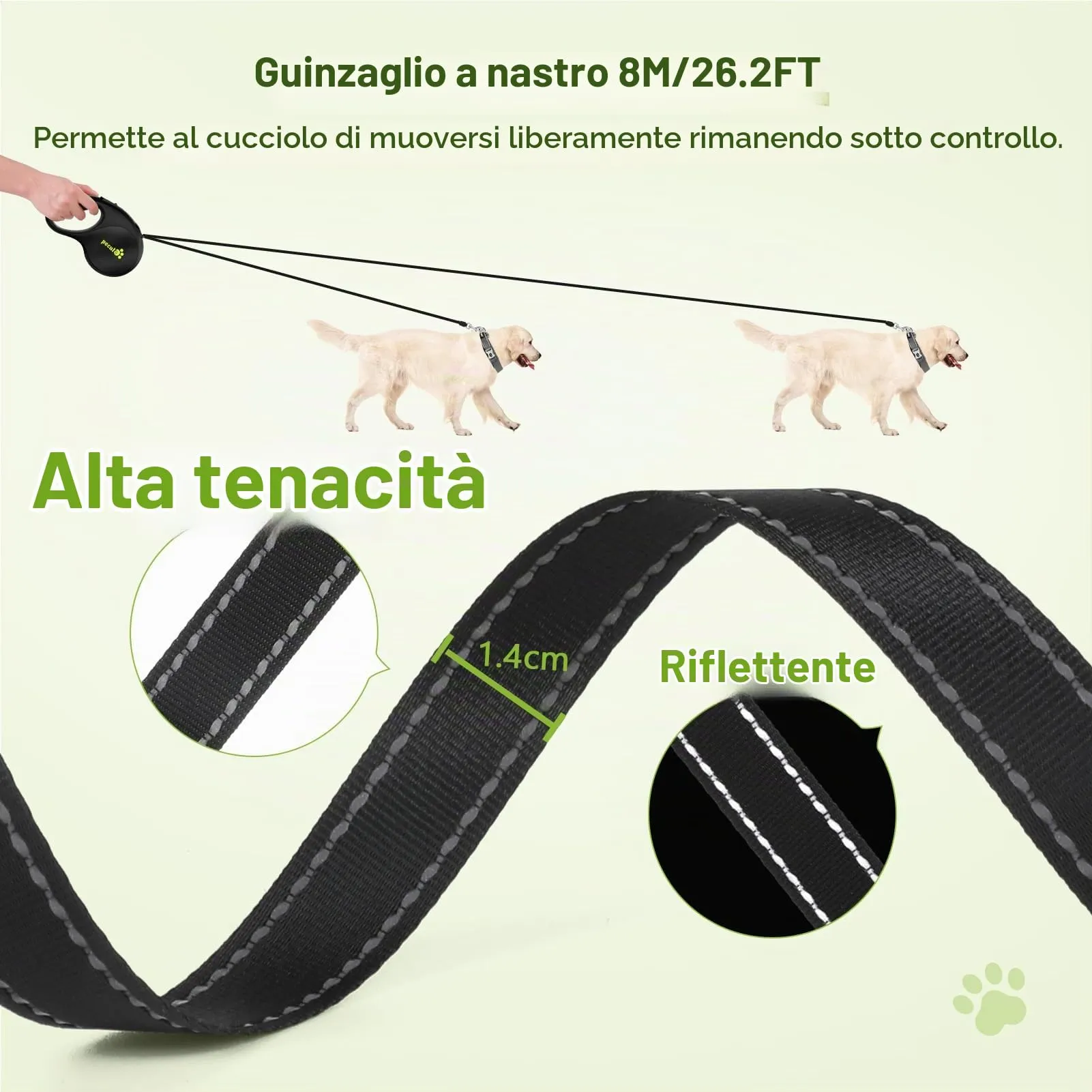Pecute Guinzaglio per Cani Allungabile 8m (fino a 50kg), Estensione del Guinzaglio 360° Senza Grovigli, Impugnatura Antiscivolo e Pulsante di Freno Rapido,Nero - immagine 2