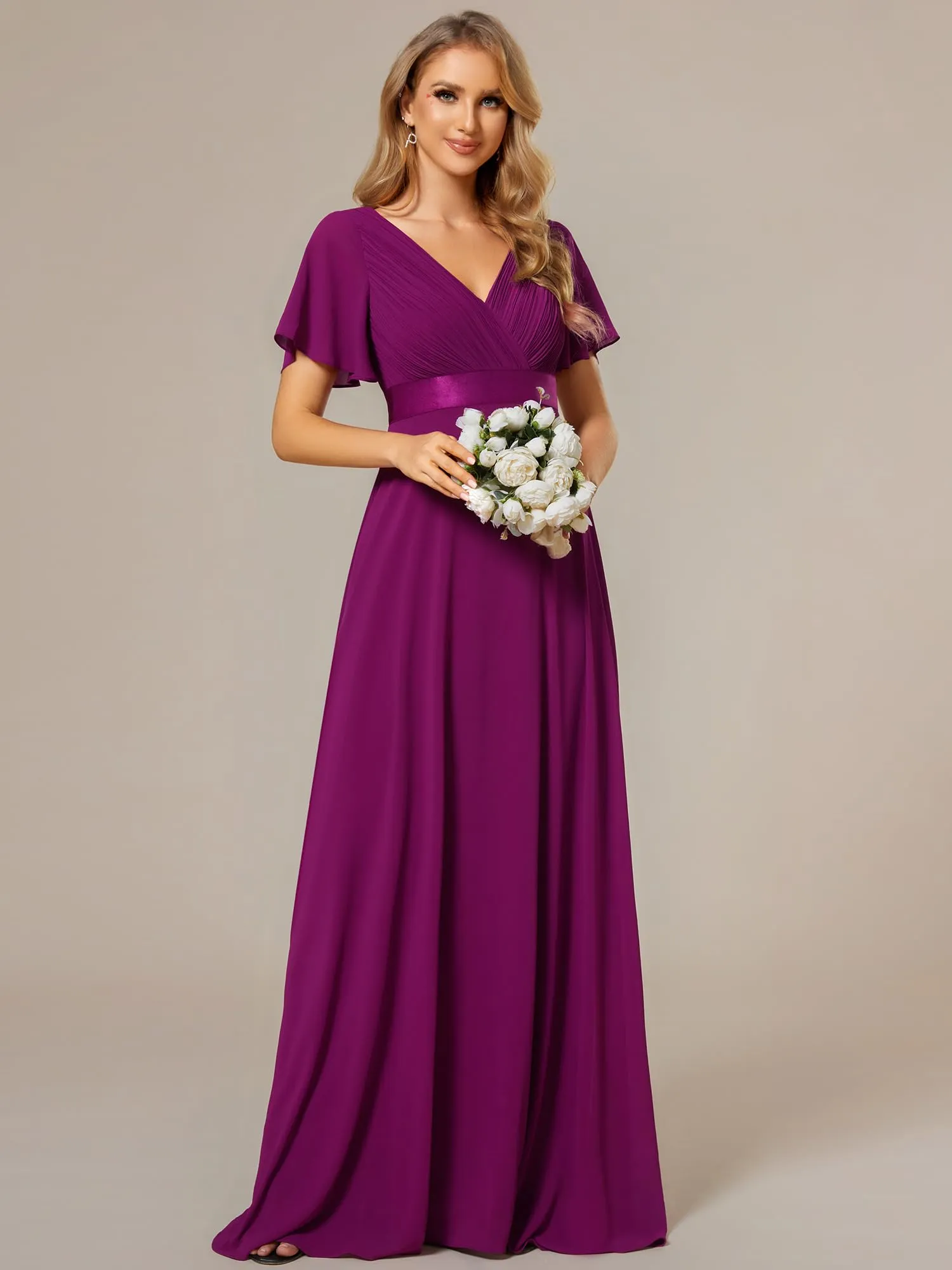 Ever-Pretty Vestiti da Cerimonia da Donna Alta Elasticità Scollo a V Linea ad A con Spacco Stile Impero 09890 Fuchsia 44 - immagine 2