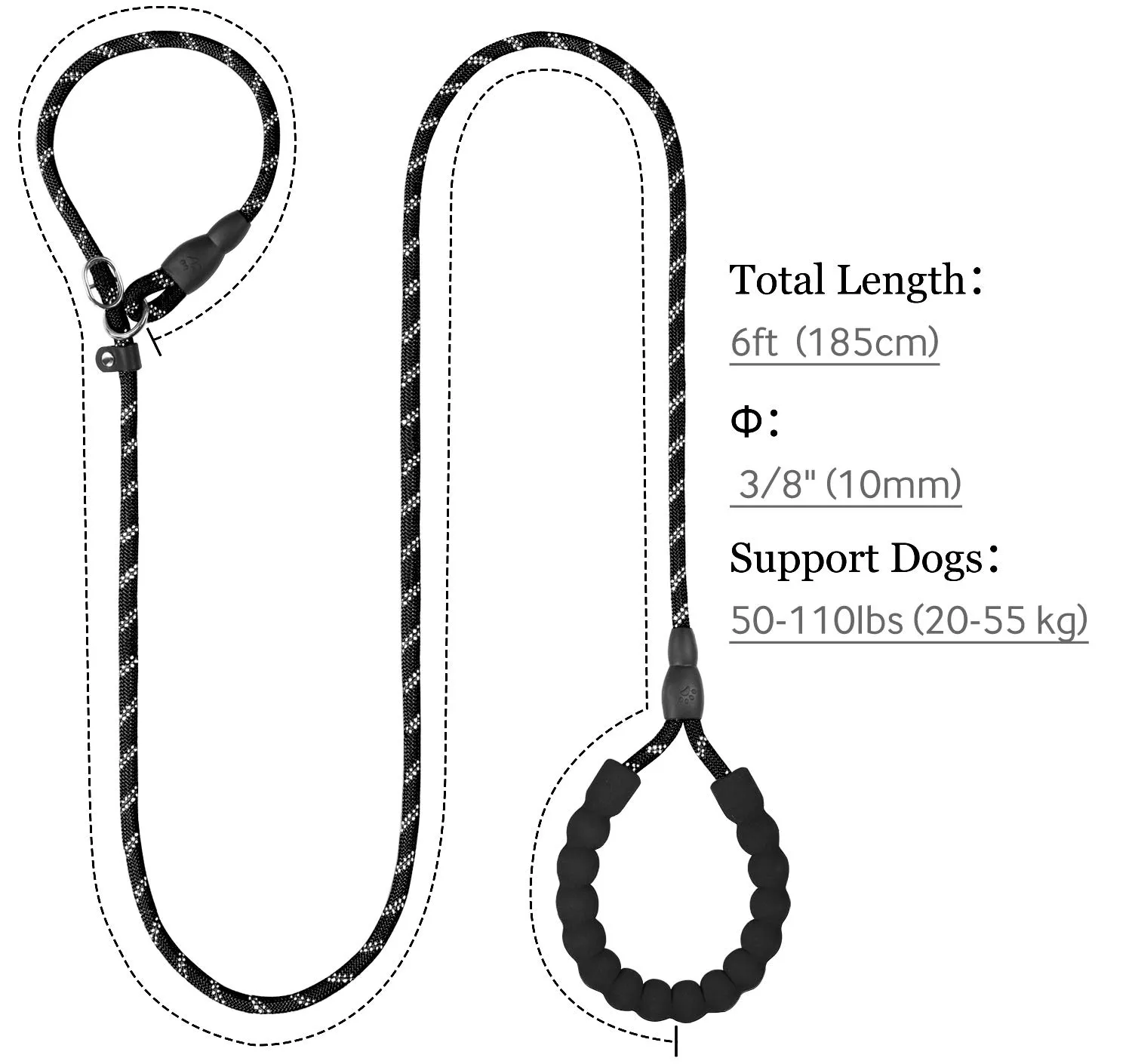 TagME Riflessivo Guinzaglio per Cani Taglia Media,Guinzaglio Retriever, Guinzaglio Addestramento per Cani,Ø10mm x 185cm,Nero - immagine 2
