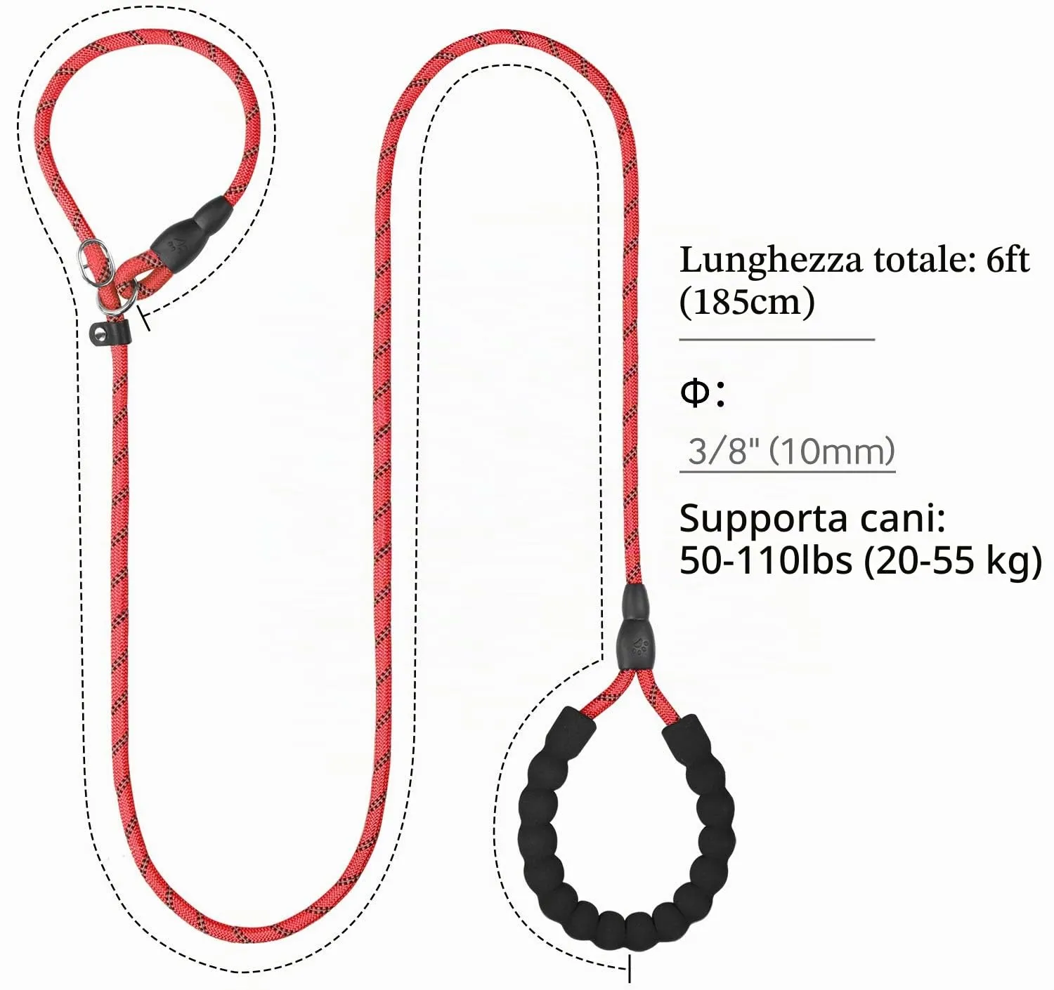 TagME Riflessivo Guinzaglio per Cani Taglia Media,Guinzaglio Retriever, Guinzaglio Addestramento per Cani,Ø10mm x 185cm,Rosso - immagine 2