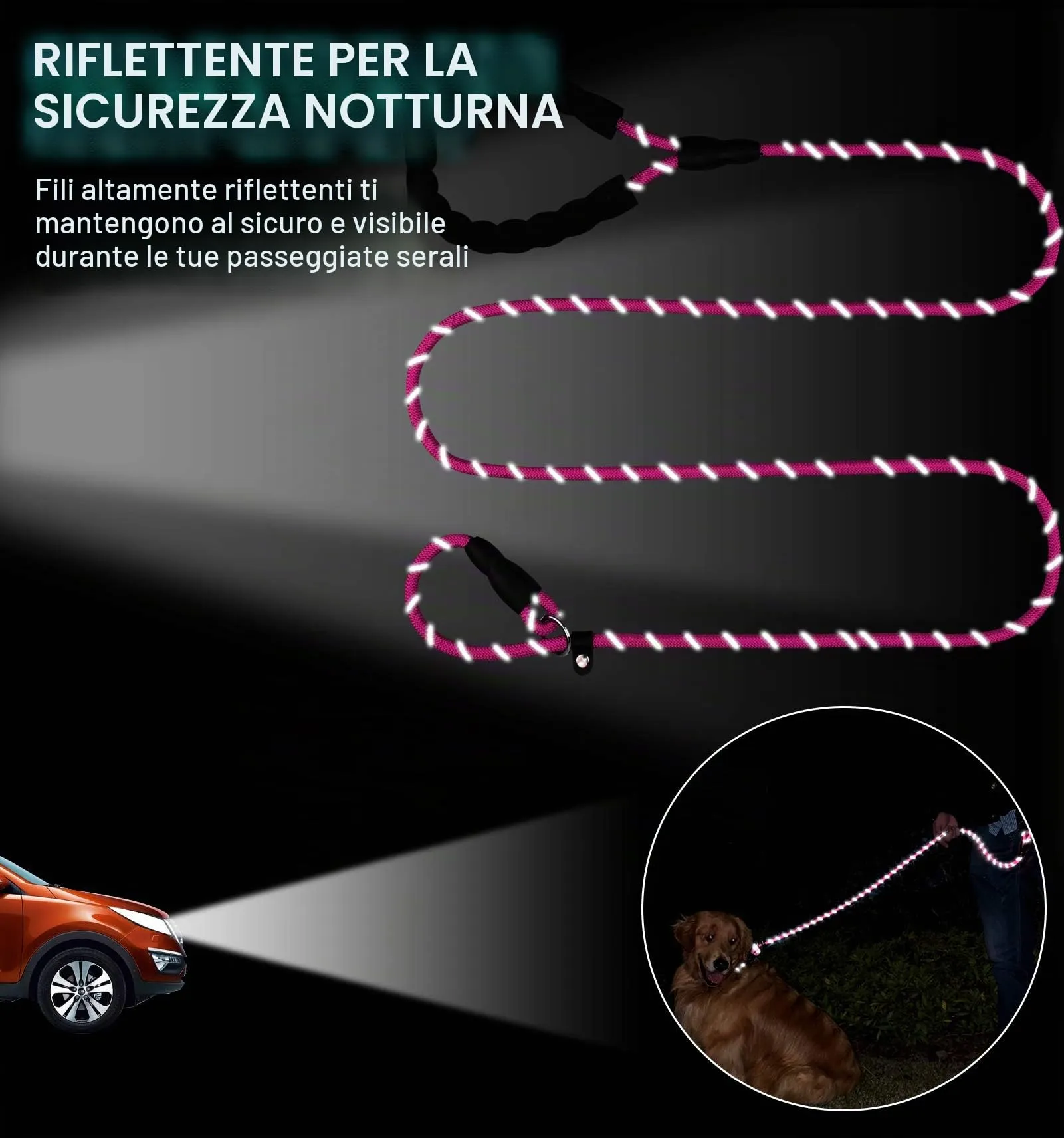 TagME Riflessivo Guinzaglio per Cani Taglia Piccola,Guinzaglio Retriever, Guinzaglio Addestramento per Cani,Ø8mm x 185cm,Rosa - immagine 5
