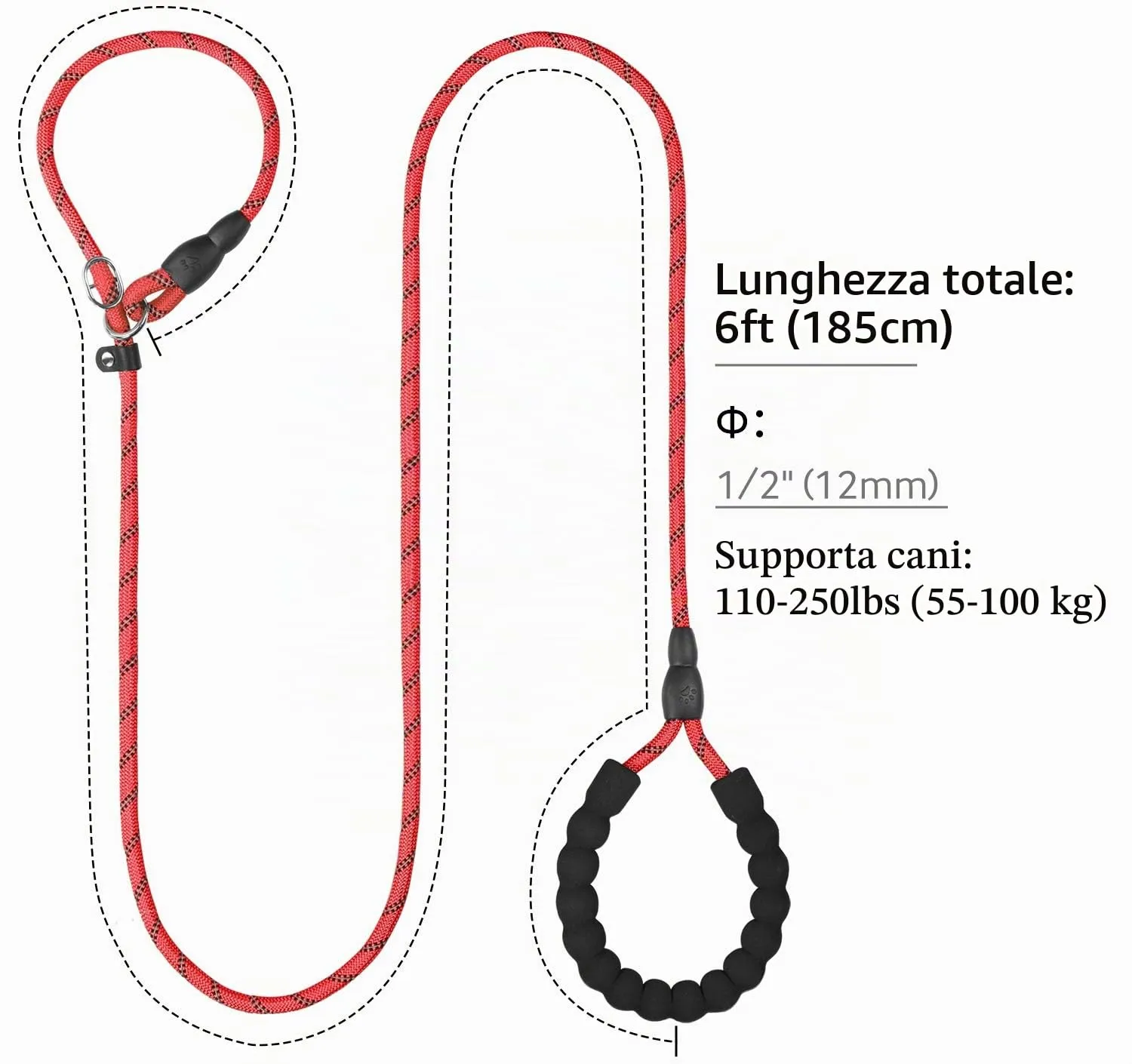 TagME Riflessivo Guinzaglio per Cani Taglia Grande,Guinzaglio Retriever,Guinzaglio Addestramento per Cani,Ø12mm x 185cm,Rosso - immagine 2