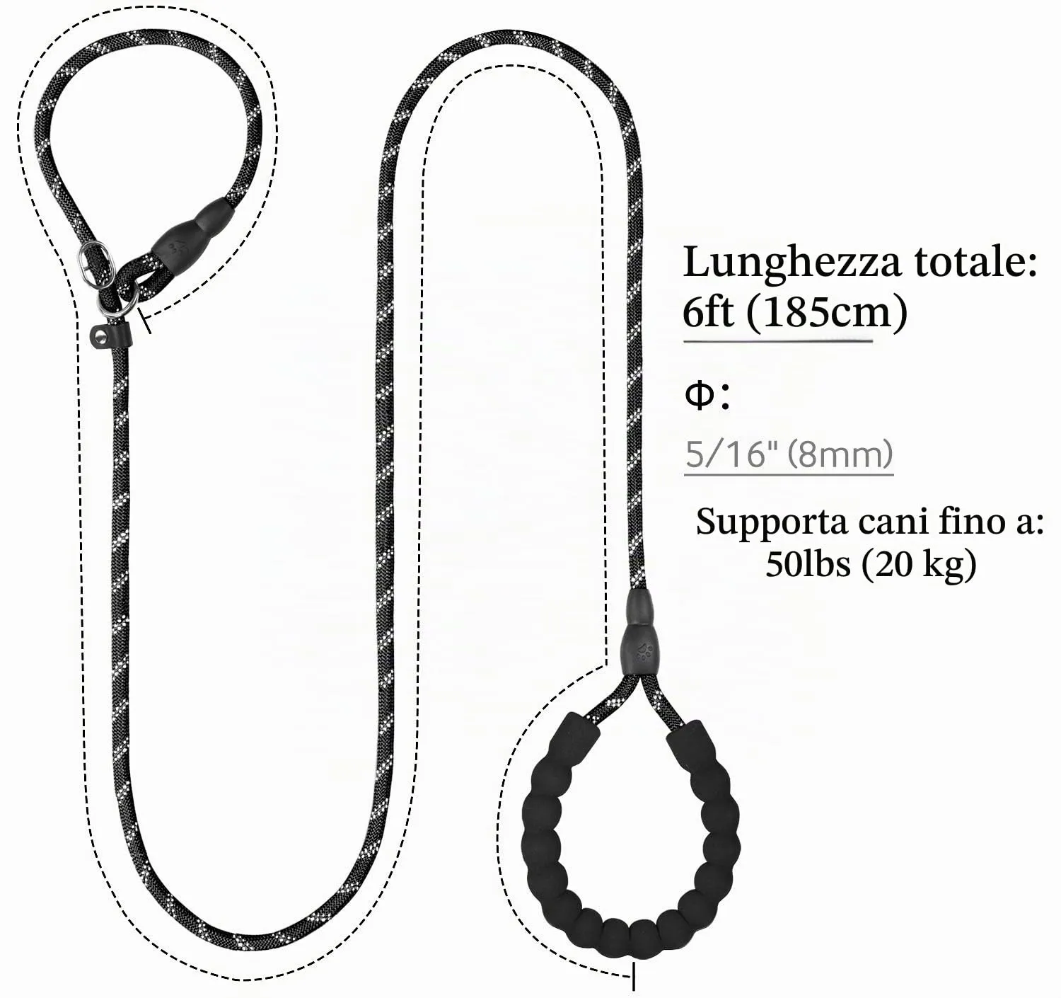 TagME Riflessivo Guinzaglio per Cani Taglia Piccola,Guinzaglio Retriever, Guinzaglio Addestramento per Cani,Ø8mm x 185cm,Nero - immagine 2