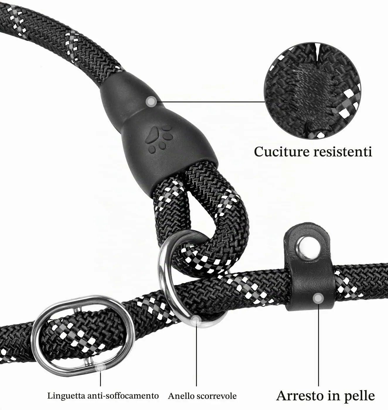 TagME Riflessivo Guinzaglio per Cani Taglia Piccola,Guinzaglio Retriever, Guinzaglio Addestramento per Cani,Ø8mm x 185cm,Nero - immagine 4