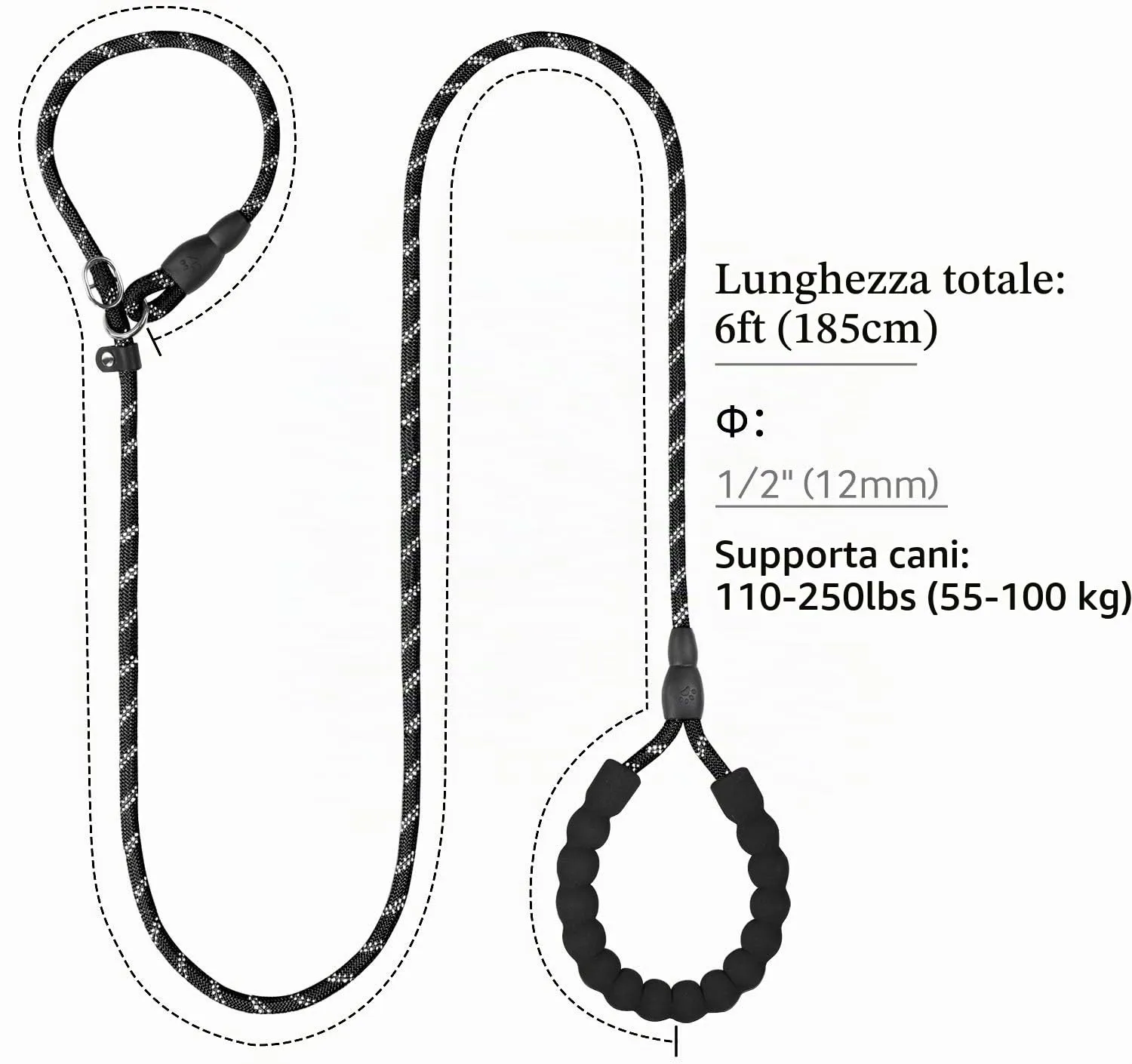 TagME Riflessivo Guinzaglio per Cani Taglia Grande,Guinzaglio Retriever,Guinzaglio Addestramento per Cani,Ø12mm x 185cm,Nero - immagine 2