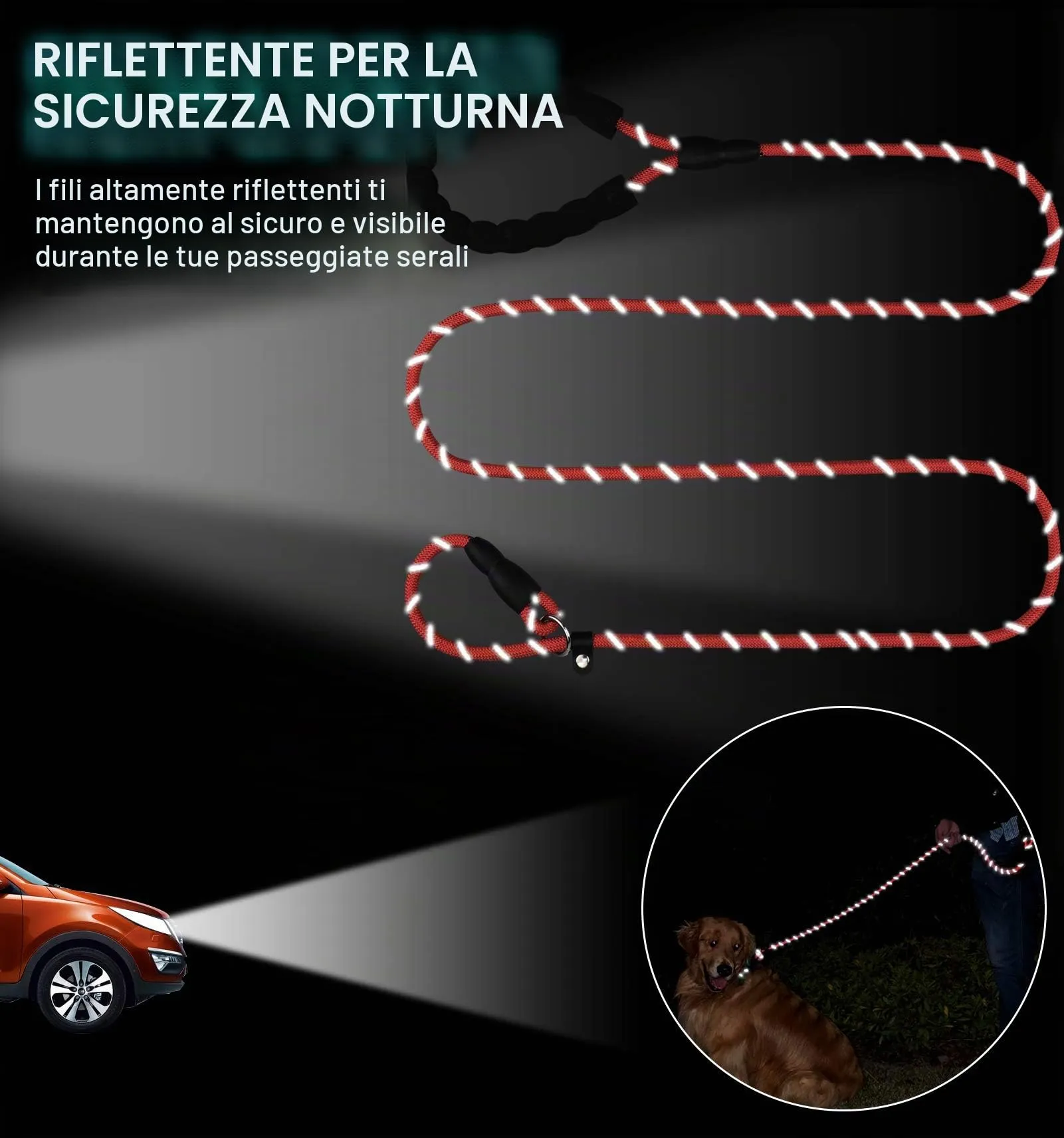 TagME Riflessivo Guinzaglio per Cani Taglia Piccola,Guinzaglio Retriever, Guinzaglio Addestramento per Cani,Ø8mm x 185cm,Rosso - immagine 5