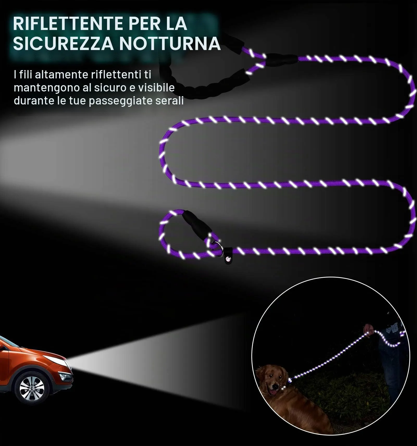 TagME Riflessivo Guinzaglio per Cani Taglia Piccola,Guinzaglio Retriever, Guinzaglio Addestramento per Cani,Ø8mm x 185cm,Viola - immagine 5
