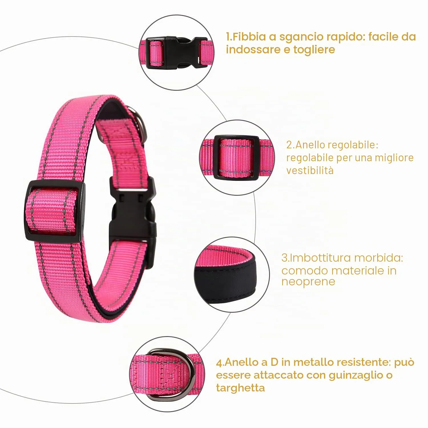 HEELE Collare per Cani, Collare Cane Riflettente Imbottito Nylon Regolabile Traspirante Collari per Cani di Taglia Media, Rosa, M(34-52cm) - immagine 3