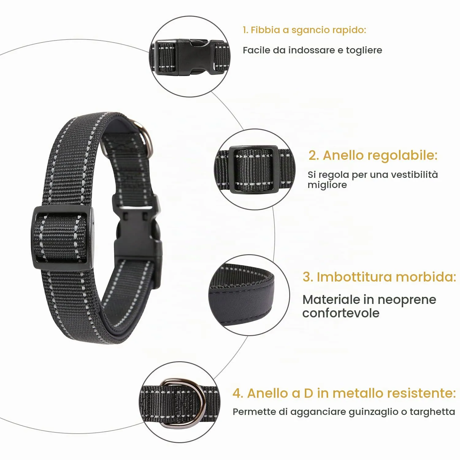 HEELE Collare per Cani, Collare Cane Riflettente Imbottito Nylon Regolabile Traspirante Collari per Cani, Nero, S(26-38cm) - immagine 3