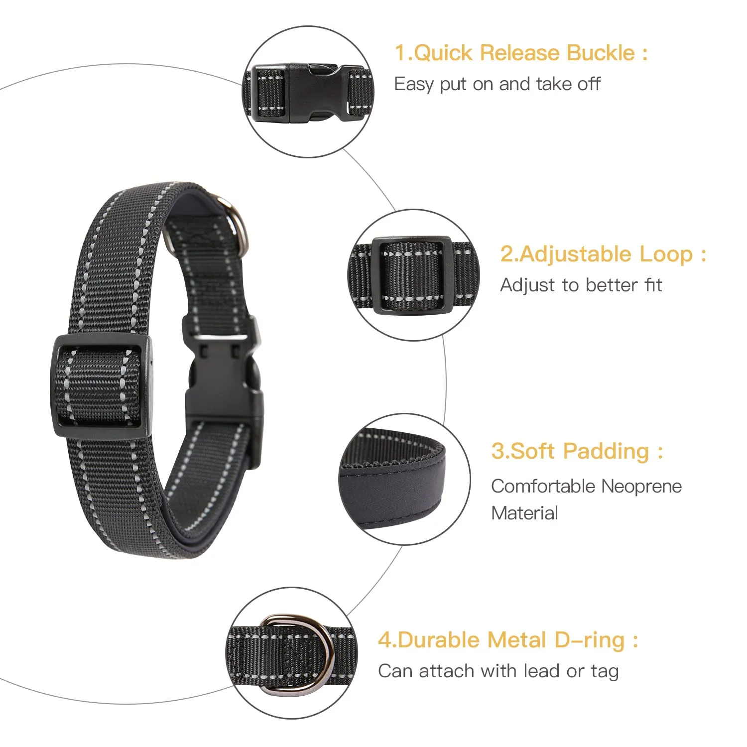 HEELE Collare per Cani, Collare Cane Riflettente Imbottito Nylon Regolabile Traspirante Collari per Cani di Taglia Media, Nero, M(34-52cm) - immagine 2