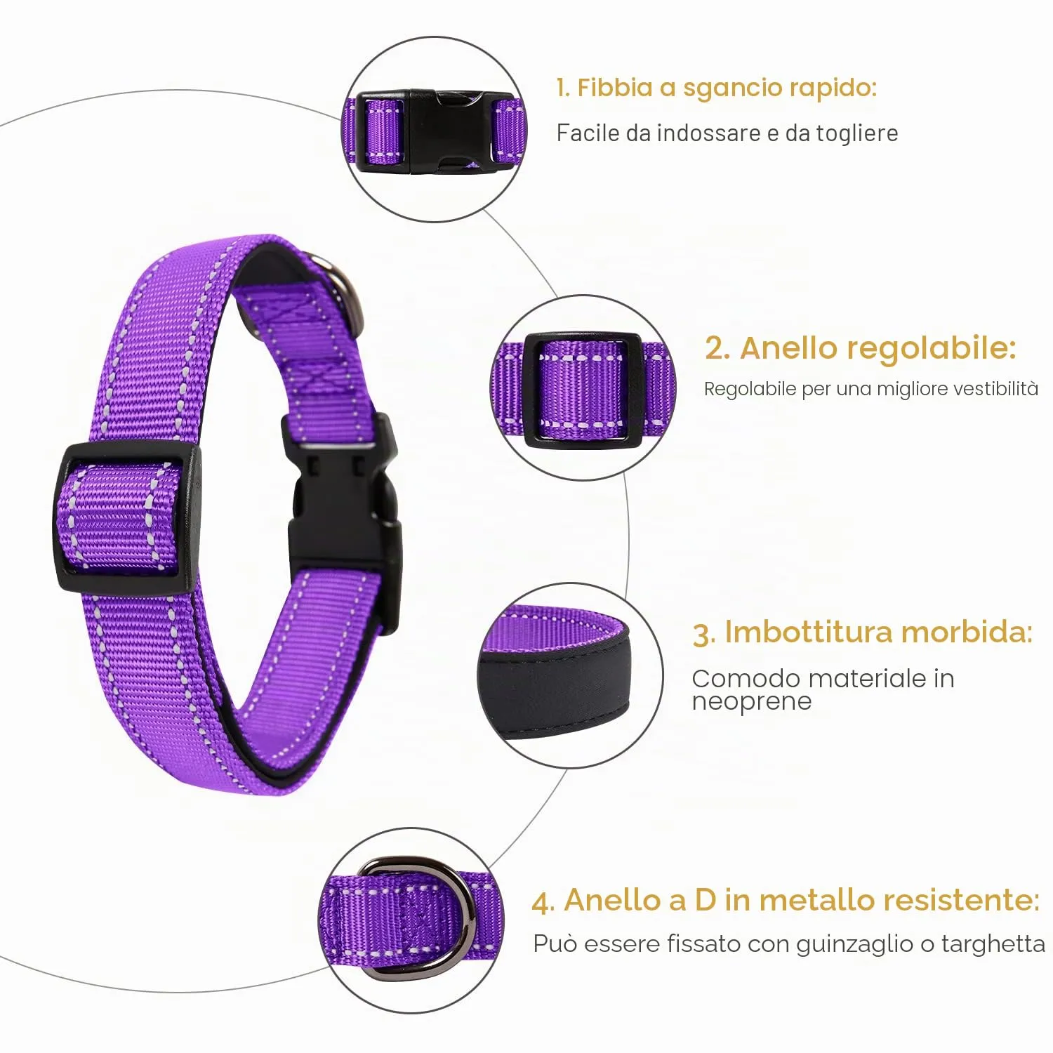 HEELE Collare per Cani, Collare Cane Riflettente Imbottito Nylon Regolabile Traspirante Collari per Cani di Taglia Piccola, Viola, S(26-38cm) - immagine 3