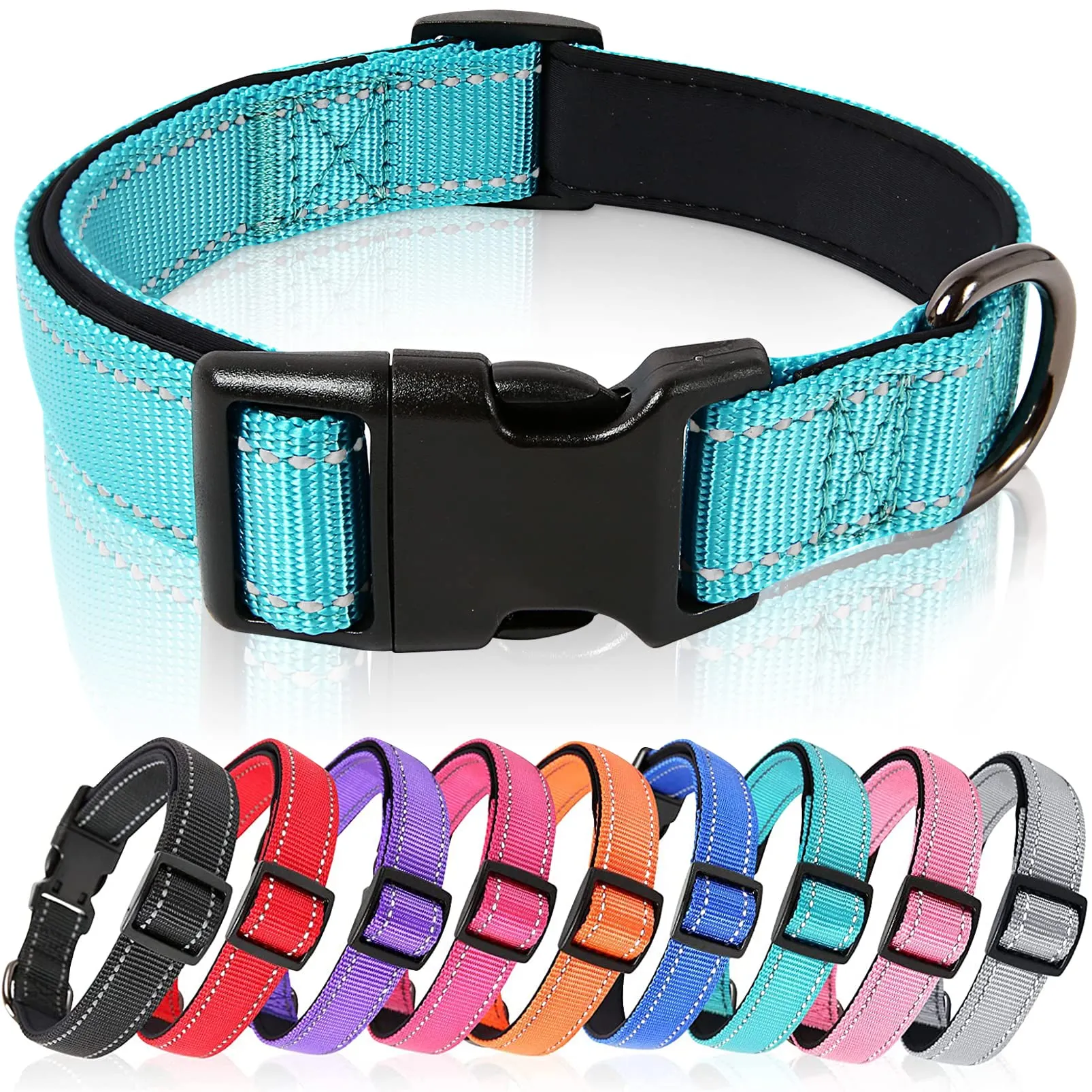 HEELE Collare per Cani, Collare Cane Riflettente Imbottito Nylon Regolabile Traspirante Collari per Cani di Taglia Grande, Blu, L(44-66cm) - immagine 1