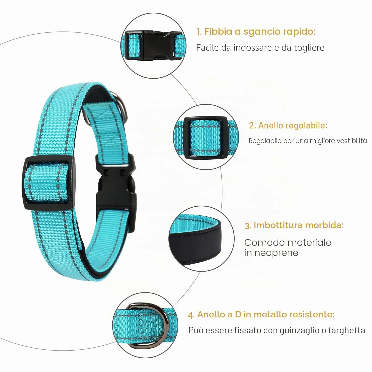 HEELE Collare per Cani, Collare Cane Riflettente Imbottito Nylon Regolabile Traspirante Collari per Cani di Taglia Grande, Blu, L(44-66cm) - immagine 3