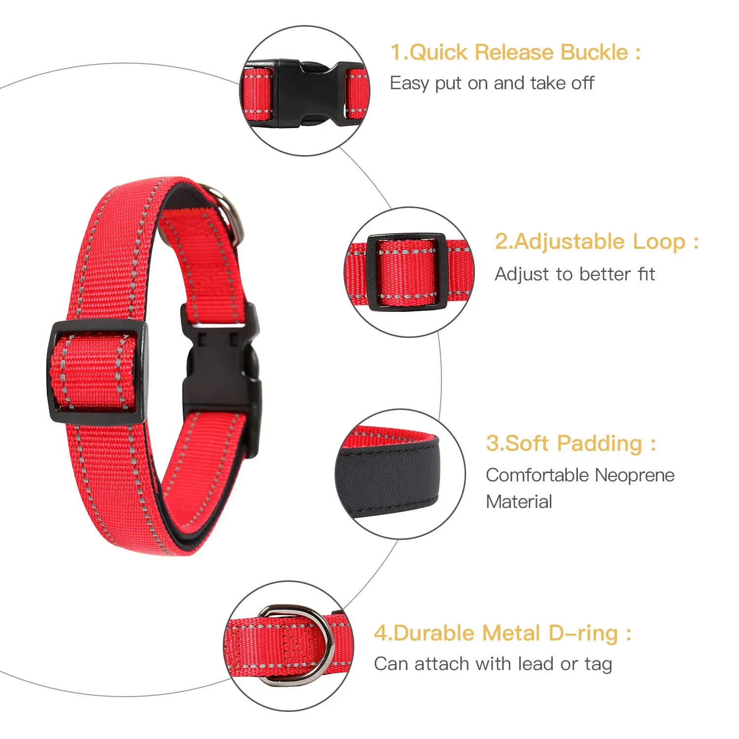 HEELE Collare per Cani, Collare Cane Riflettente Imbottito Nylon Regolabile Traspirante Collari per Cani di Taglia Grande, Rosso, L(44-66cm) - immagine 2