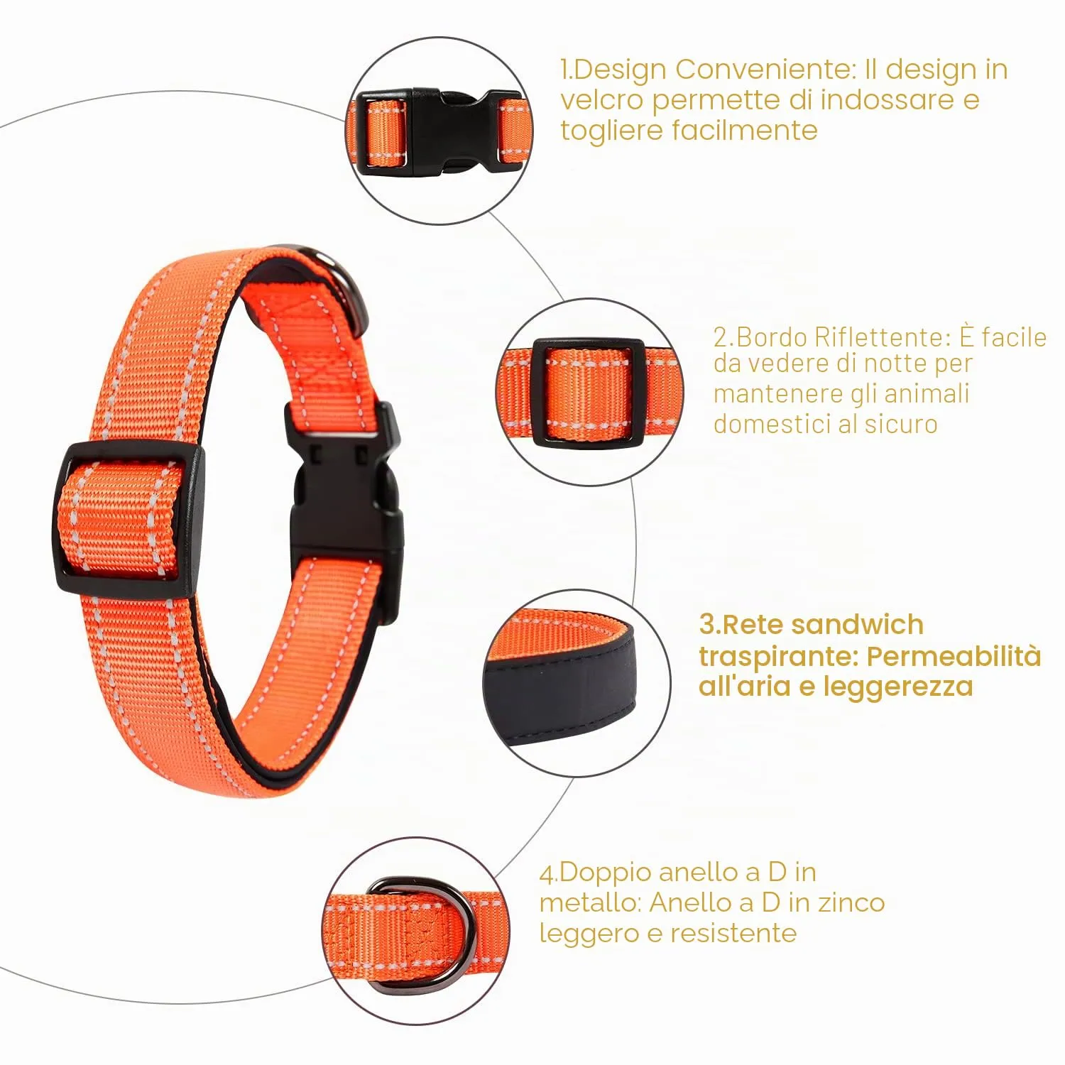 HEELE Collare per Cani, Collare Cane Riflettente Imbottito Nylon Regolabile Traspirante Collari per Cani di Taglia Media, Arancione, M(34-52cm) - immagine 3