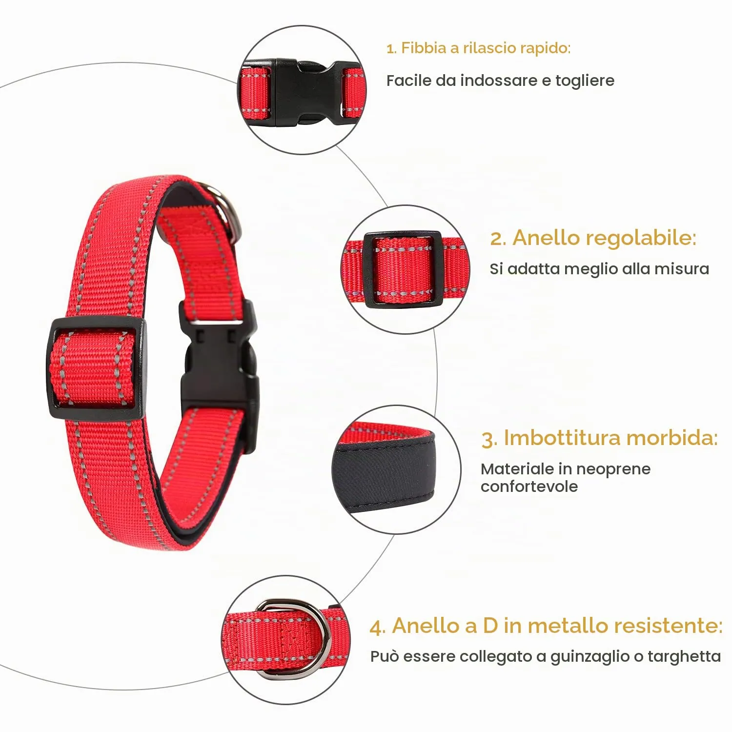 HEELE Collare per Cani, Collare Cane Riflettente Imbottito Nylon Regolabile Traspirante Collari per Cani di Taglia Media, Rosso, M(34-52cm) - immagine 2