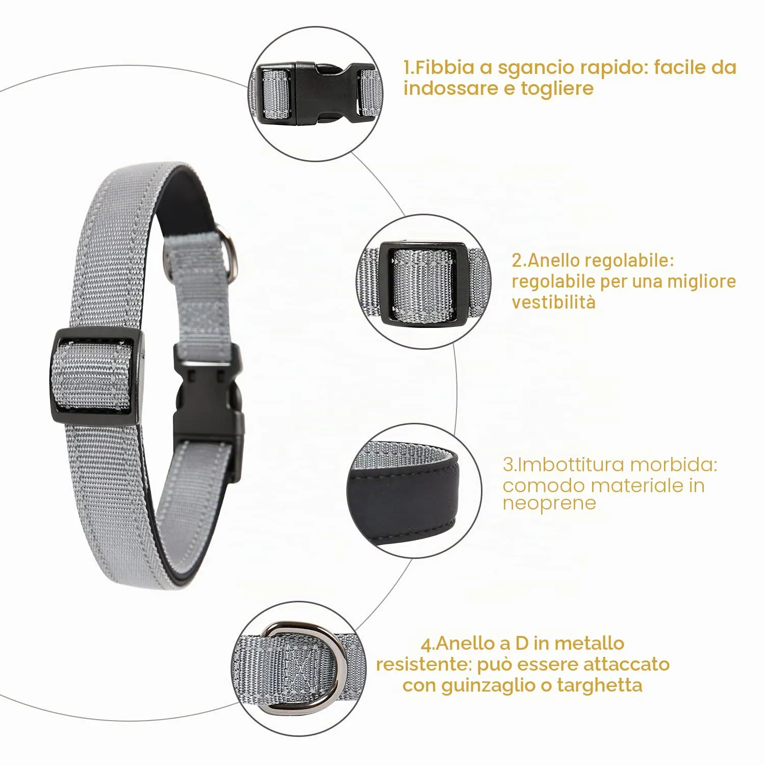 HEELE Collare per Cani, Collare Cane Riflettente Imbottito Nylon Regolabile Traspirante Collari per Cani di Taglia Grande, Grigio, L(44-66cm) - immagine 2