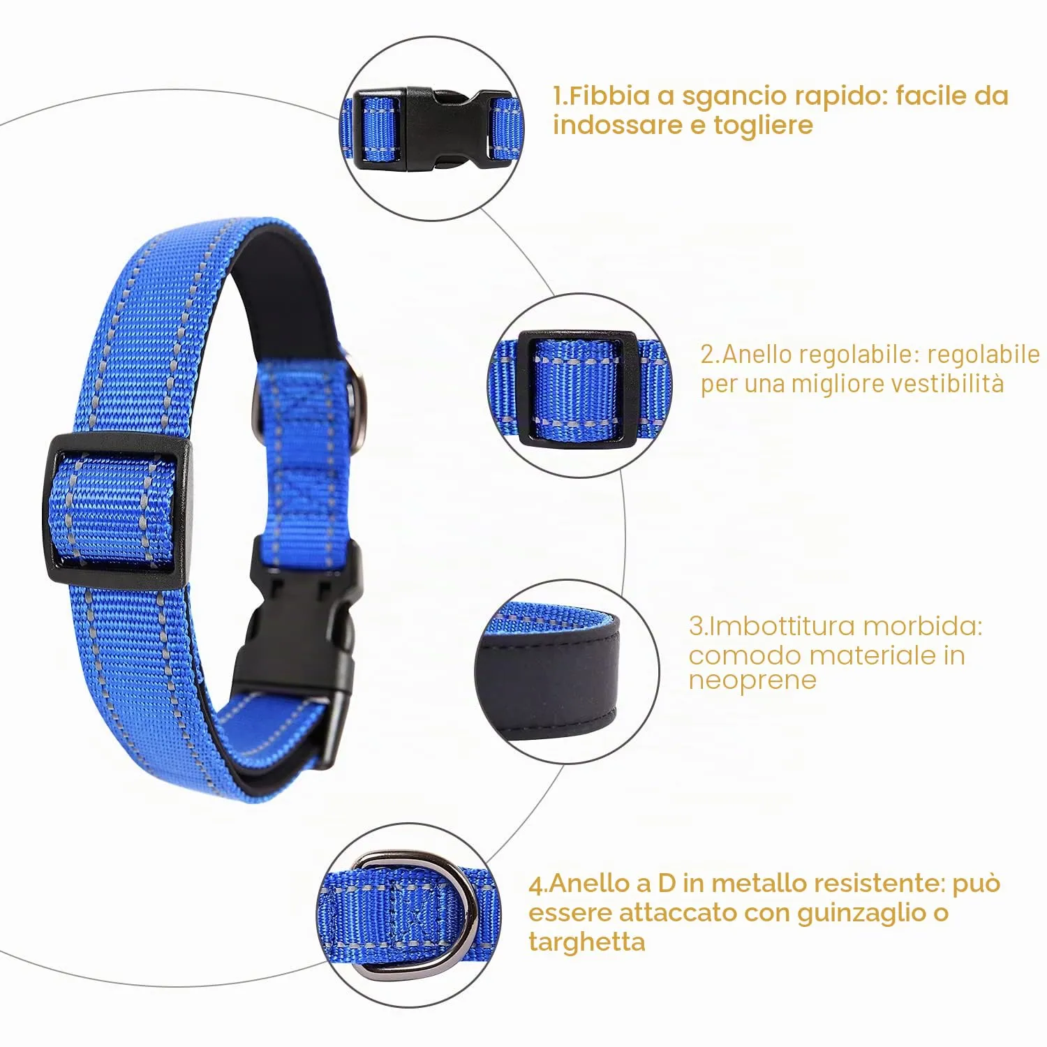 HEELE Collare per Cani, Collare Cane Riflettente Imbottito Nylon Regolabile Traspirante Collari per Cani di Taglia Piccola, Blu Scuro, S(26-38cm) - immagine 2