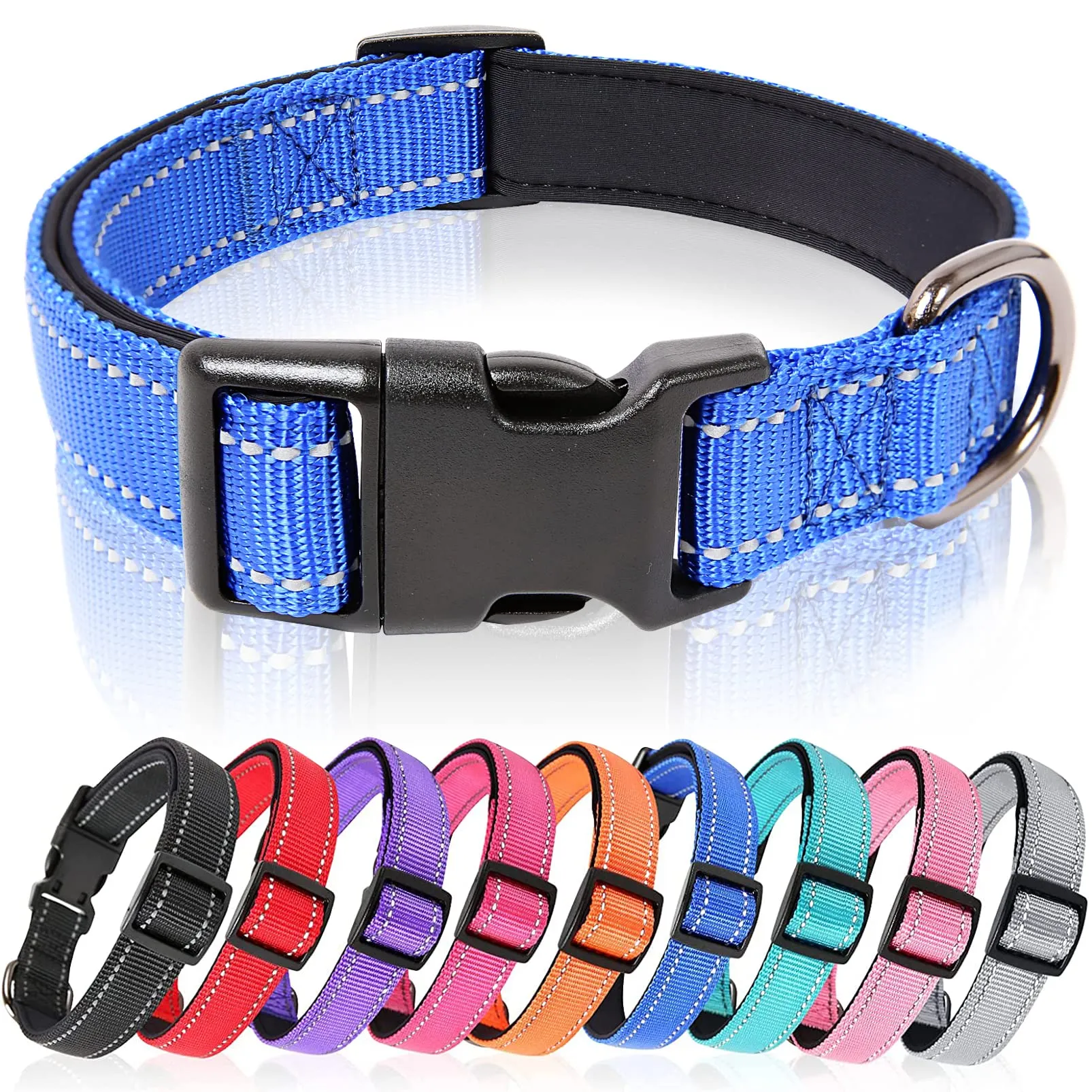 HEELE Collare per Cani, Collare Cane Riflettente Imbottito Nylon Regolabile Traspirante Collari per Cani di Taglia Grande, Blu Scuro, L(44-66cm) - immagine 1