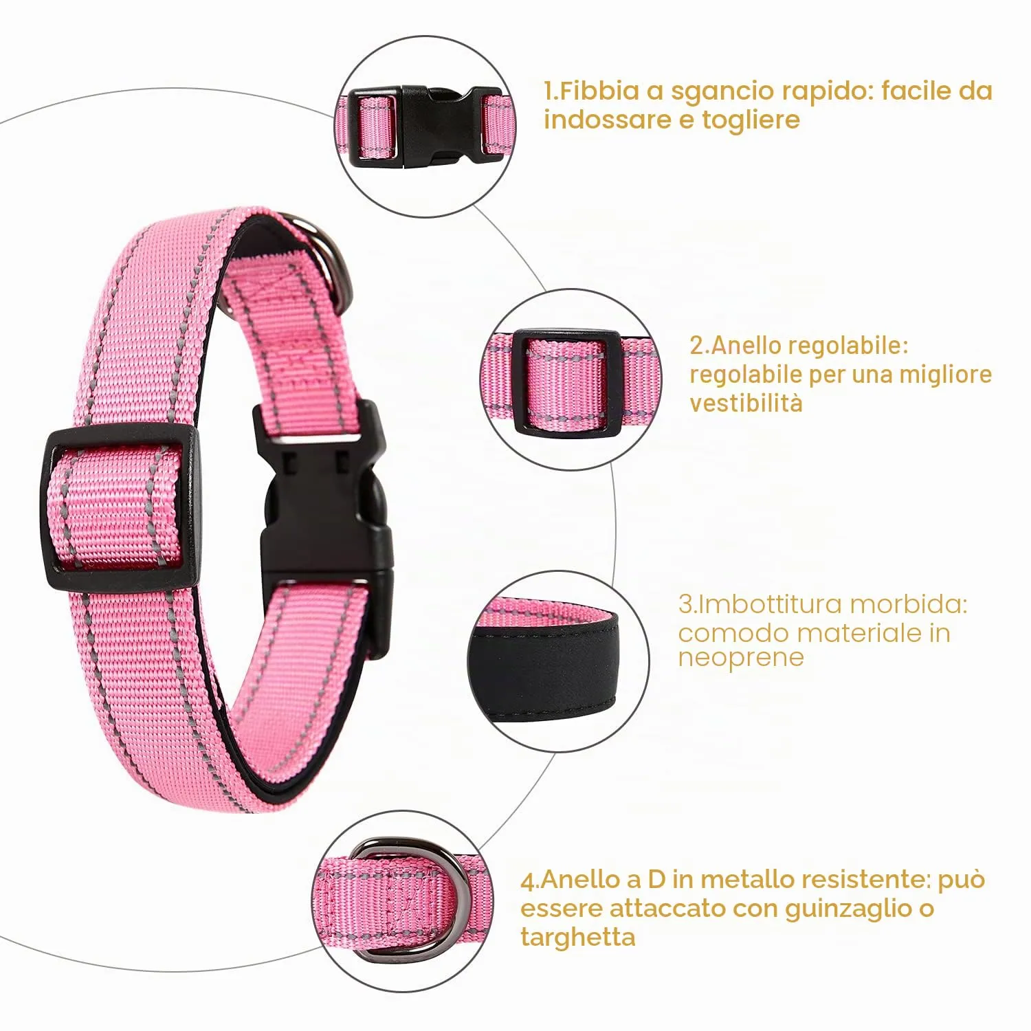 HEELE Collare per Cani, Collare Cane Riflettente Imbottito Nylon Regolabile Traspirante Collari per Cani di Taglia Piccola, Pink, S(26-38cm) - immagine 4
