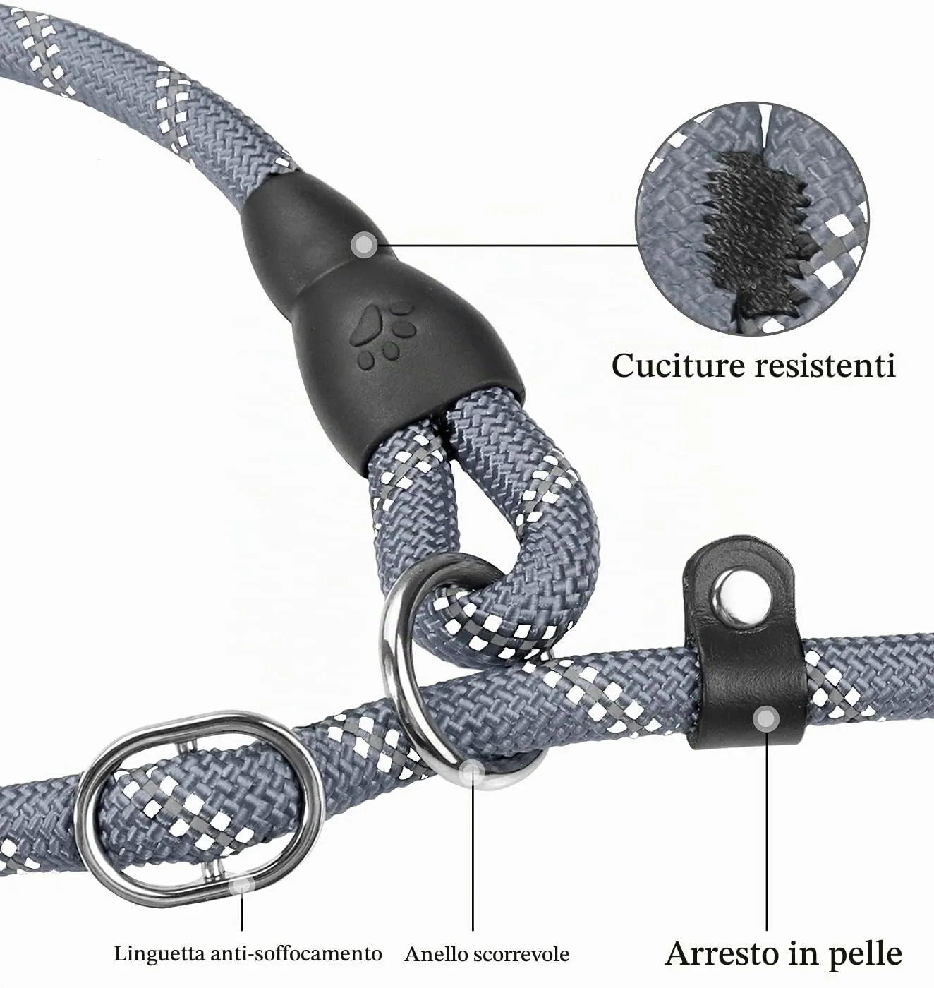 TagME Riflessivo Guinzaglio per Cani Taglia Piccola,Guinzaglio Retriever, Guinzaglio Addestramento per Cani,Ø8mm x 185cm,Grigio - immagine 4