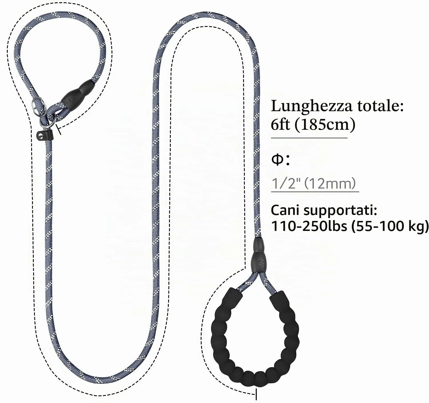 TagME Riflessivo Guinzaglio per Cani Taglia Grande,Guinzaglio Retriever,Guinzaglio Addestramento per Cani,Ø12mm x 185cm,Grigio - immagine 2