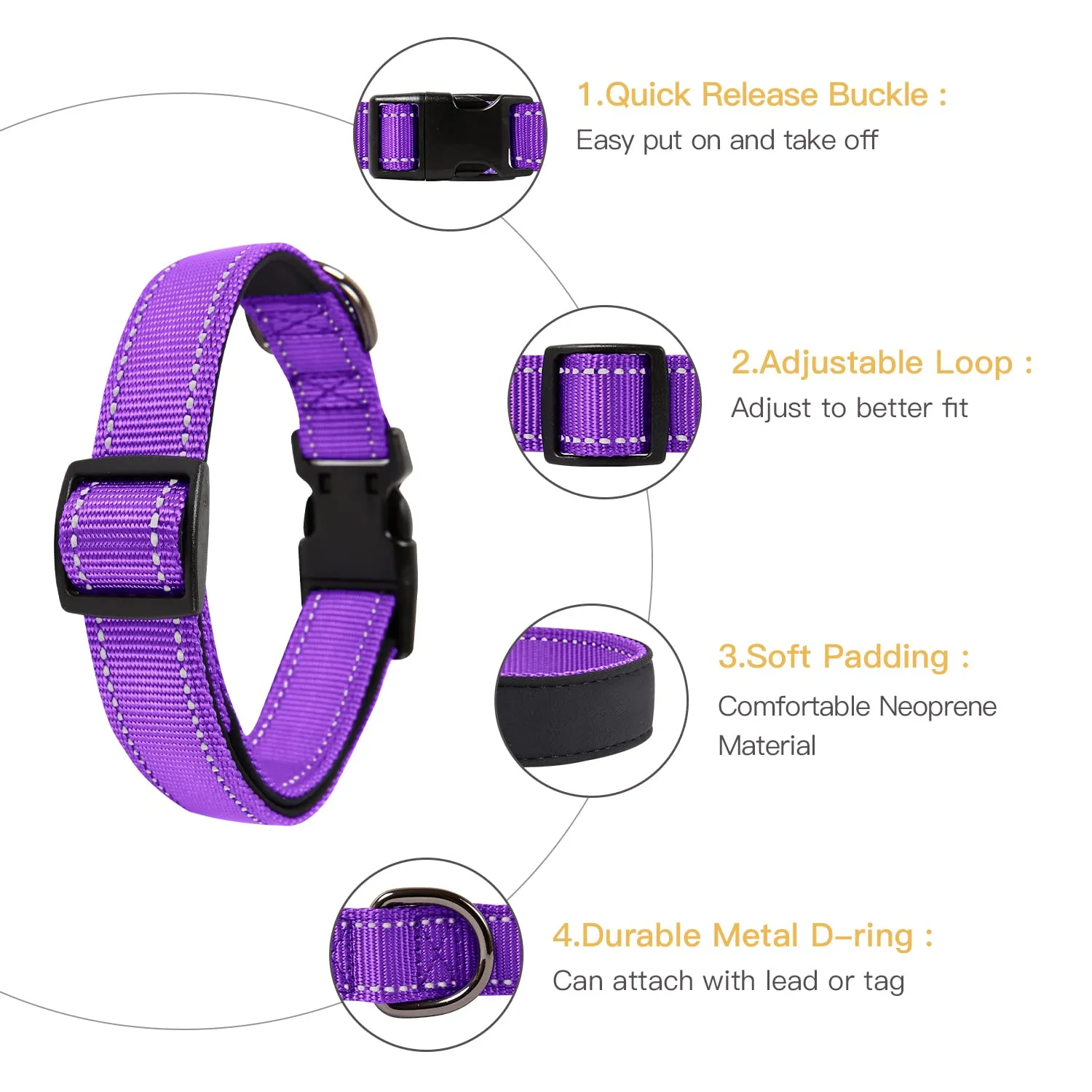 HEELE Collare per Cani, Collare Cane Riflettente Imbottito Nylon Regolabile Traspirante Collari per Cani, Viola, XS(20-30cm) - immagine 3