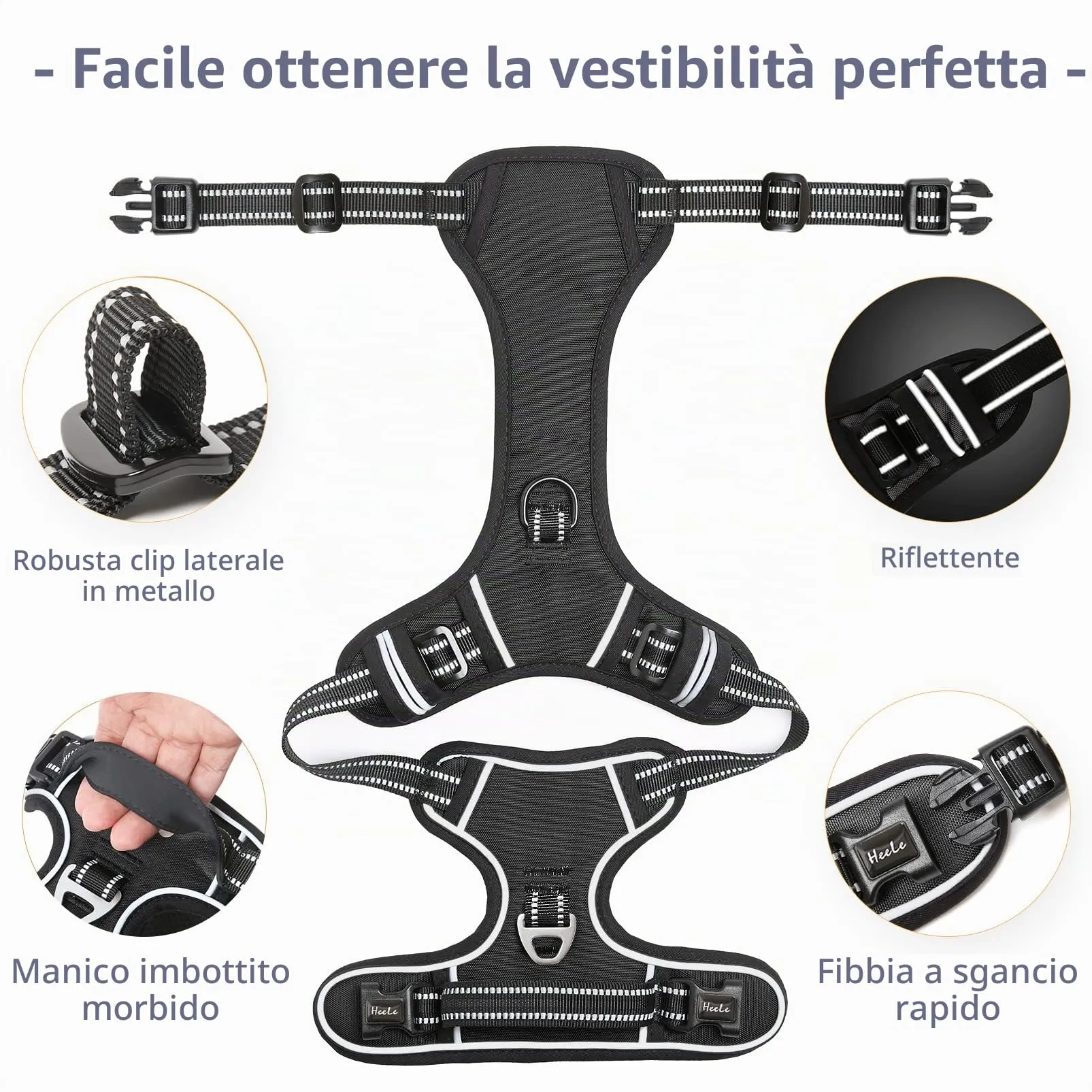 HEELE Pettorina Cane, No-Pull Imbracatura Traspirante e Riflettente, con Gancio in Metallo e Manico Imbottita, Pettorina Cane Taglia Grande Comodo per Camminare Jogging, Nero, L - immagine 5